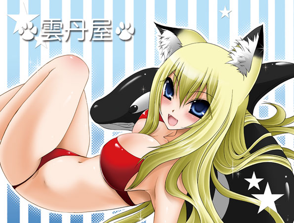 shinonome ryuu, tenko kuugen, wagaya no oinari-sama, 00s, animal ears, bikini, blonde hair, blue eyes, blush, fang, fox ears, laughing, long hair, red bikini, solo, swimsuit