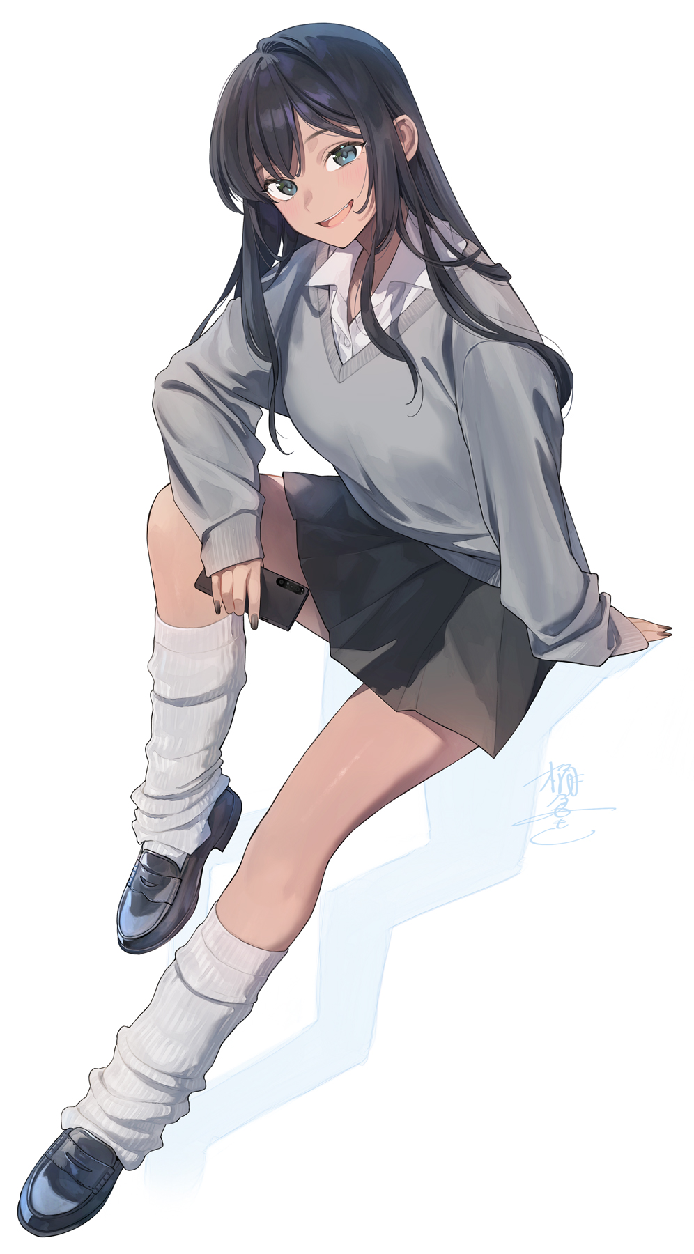 okeno kamoku, original, highres, 1girl, :d, black hair, black shoes, black skirt, blue eyes, blush, cellphone, collared shirt, dark-skinned female, dark skin, full body, grey sweater, holding, holding phone, loafers, long hair, long sleeves, looking at viewer, loose socks, miniskirt, open mouth, phone, pleated skirt, shirt, shoes, signature, simple background, sitting, skirt, sleeves past wrists, smartphone, smile, socks, solo, sweater, white background, white shirt, white socks