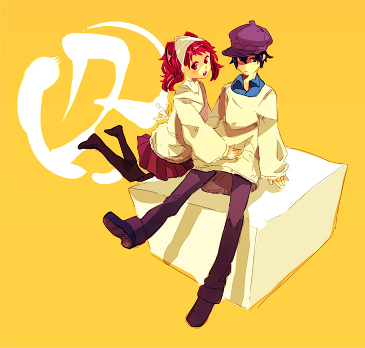chiko (beroro), kujikawa rise, shirogane naoto, atlus, persona, persona 4, bad id, bad pixiv id, 2girls, androgynous, blue eyes, blue hair, food, hat, multiple girls, newsboy cap, oversized clothes, red eyes, red hair, reverse trap, short hair, skirt, thighhighs, tofu, twintails, zettai ryouiki