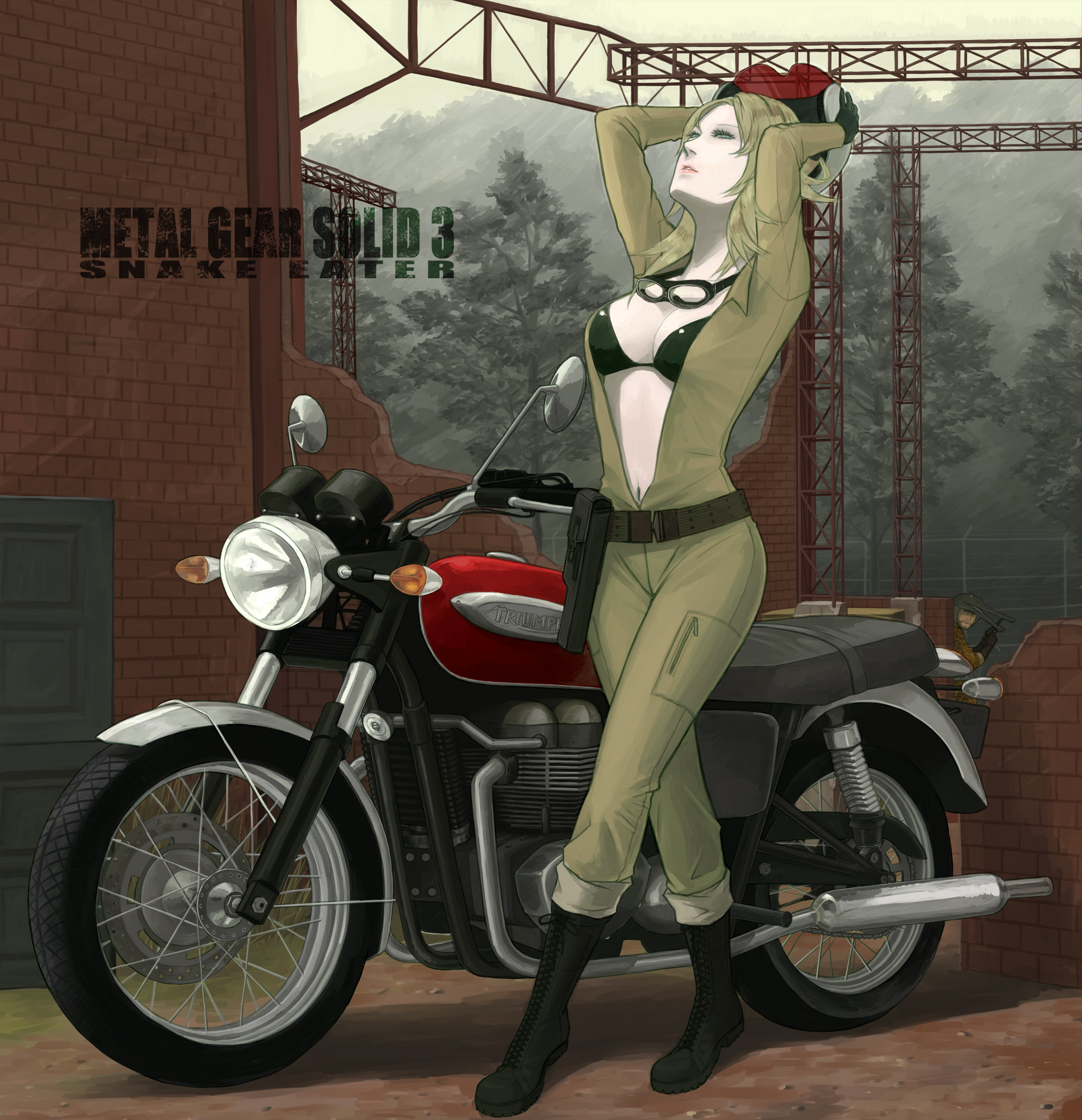 natsuhiko (7215), triumph, big boss, eva (metal gear), naked snake, konami, metal gear (series), metal gear solid, metal gear solid 3: snake eater, vehicle, highres, 1960s (style), 1girl, biker clothes, bikesuit, bikini, blonde hair, bodysuit, camouflage, copyright name, gloves, gun, handgun, helmet, holster, logo, mask, mauser c96, motor vehicle, motorcycle, navel, oldschool, retro artstyle, shansi type 17, swimsuit, weapon