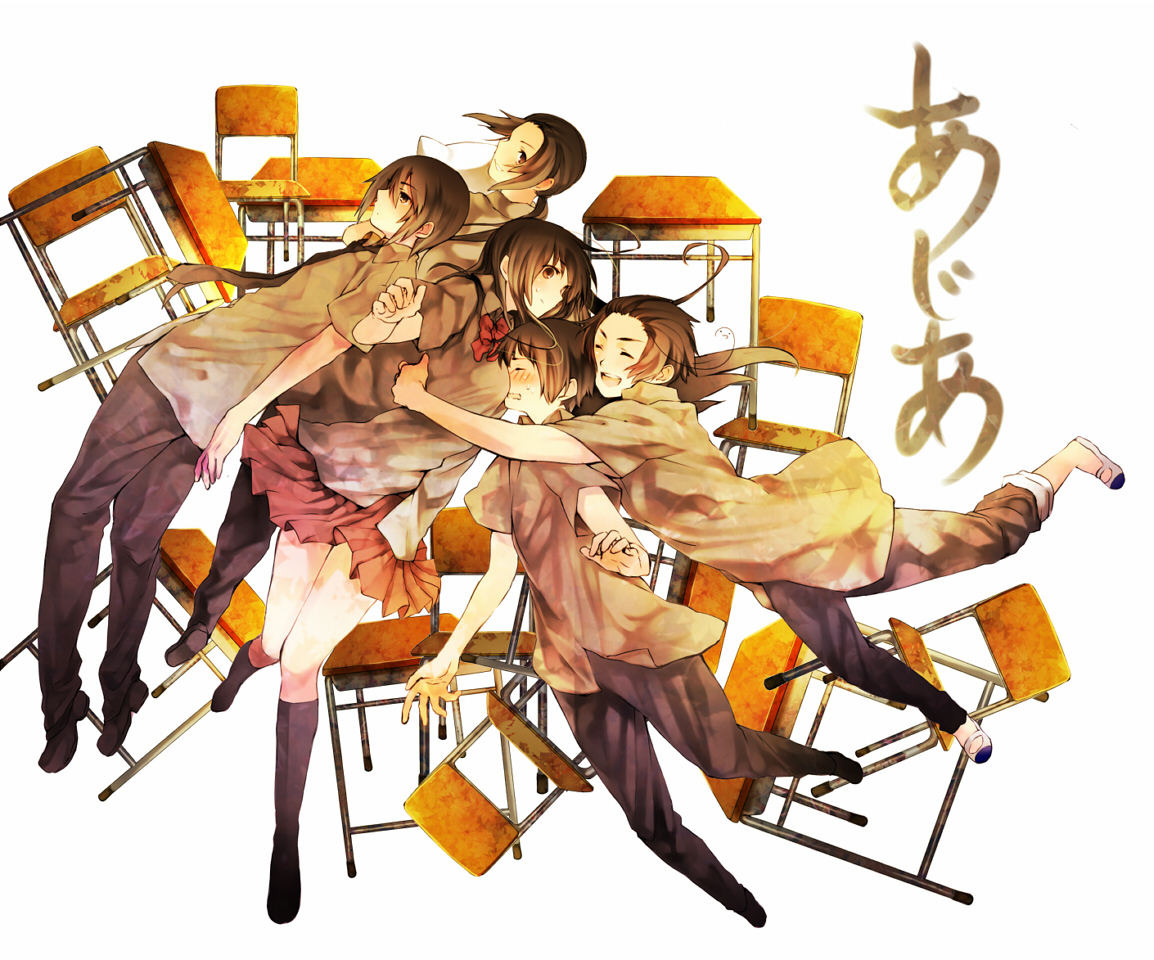 hana (yui), china (hetalia), hong kong (hetalia), japan (hetalia), korea (hetalia), taiwan (hetalia), axis powers hetalia, bad id, bad pixiv id, 00s, 1girl, 4boys, ahoge, blush, breast smother, breasts, chair, hug, multiple boys, pleated skirt, school uniform, shoes, skirt, uwabaki