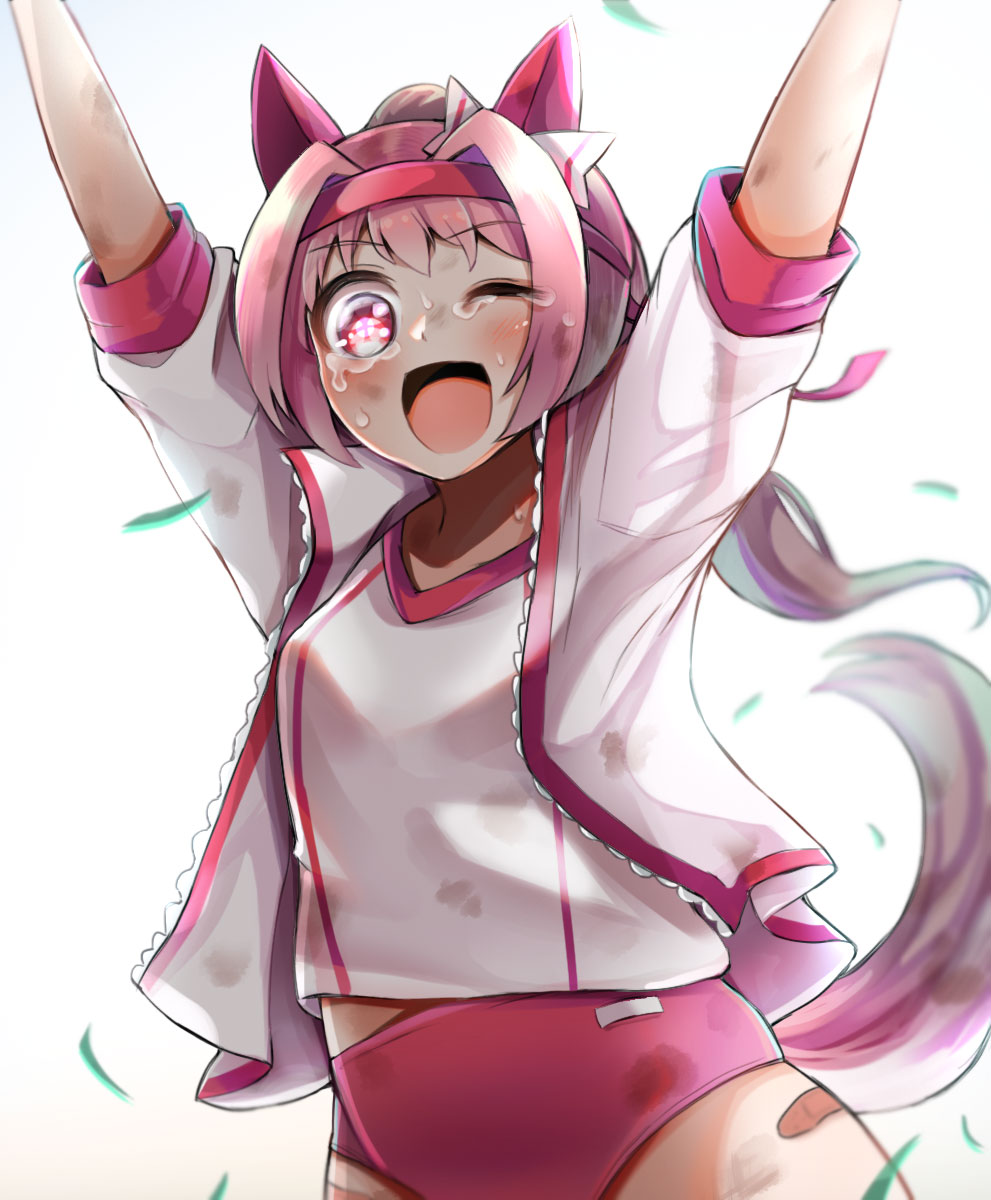 diz (diznaoto), haru urara (bestest prize) (umamusume), haru urara (umamusume), umamusume, commentary request, highres, 1girl, animal ears, arms up, bandaid, bandaid on leg, blush, buruma, cowboy shot, crying, crying with eyes open, grass, gym uniform, hair intakes, horse ears, horse girl, horse tail, jacket, long hair, looking at viewer, one eye closed, open clothes, open jacket, open mouth, pink buruma, pink hair, shirt, short sleeves, simple background, smile, solo, tail, tears, white background, white jacket, white shirt
