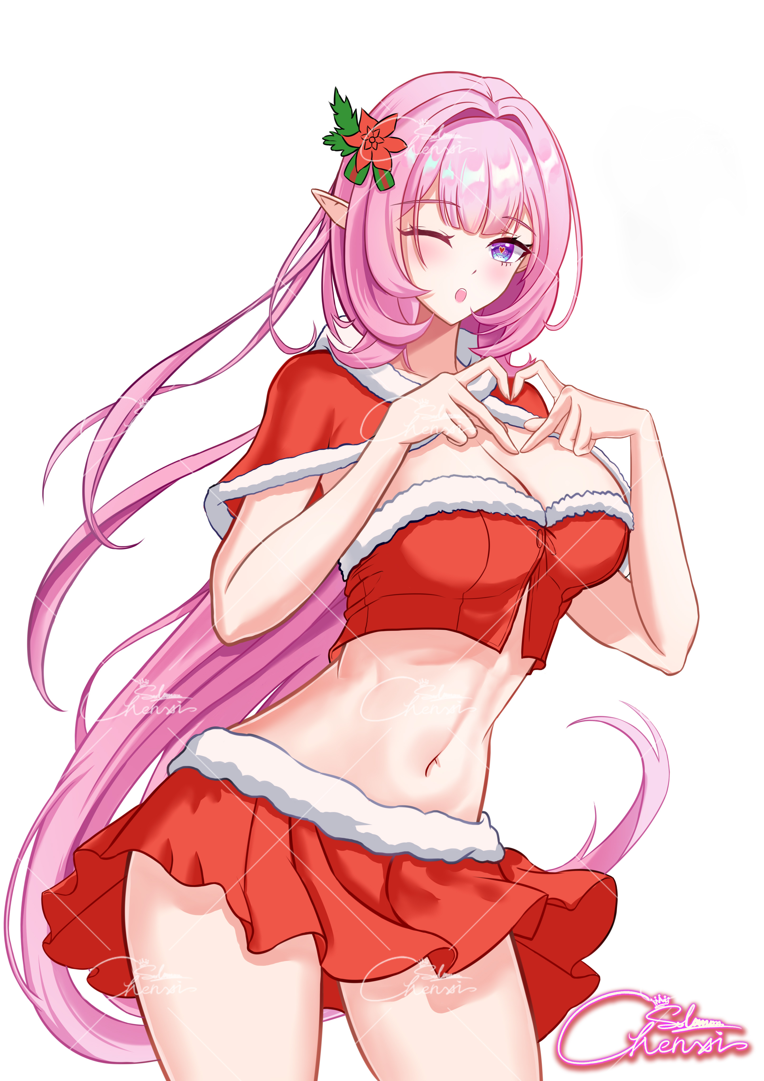 elysia (honkai impact), honkai (series), honkai impact 3rd, absurdres, highres, 1girl, ;o, alternate costume, artist logo, blue eyes, breasts, cleavage, corset, cowboy shot, elf, flower, four-finger heart hands, hair flower, hair ornament, heart, heart-shaped pupils, heart hands, large breasts, logo, long hair, looking at viewer, miniskirt, mistletoe hair ornament, navel, one eye closed, pink hair, pointy ears, red corset, red skirt, santa cape, simple background, skirt, solo, solomon chenxi, stomach, symbol-shaped pupils, thighs, very long hair, white background