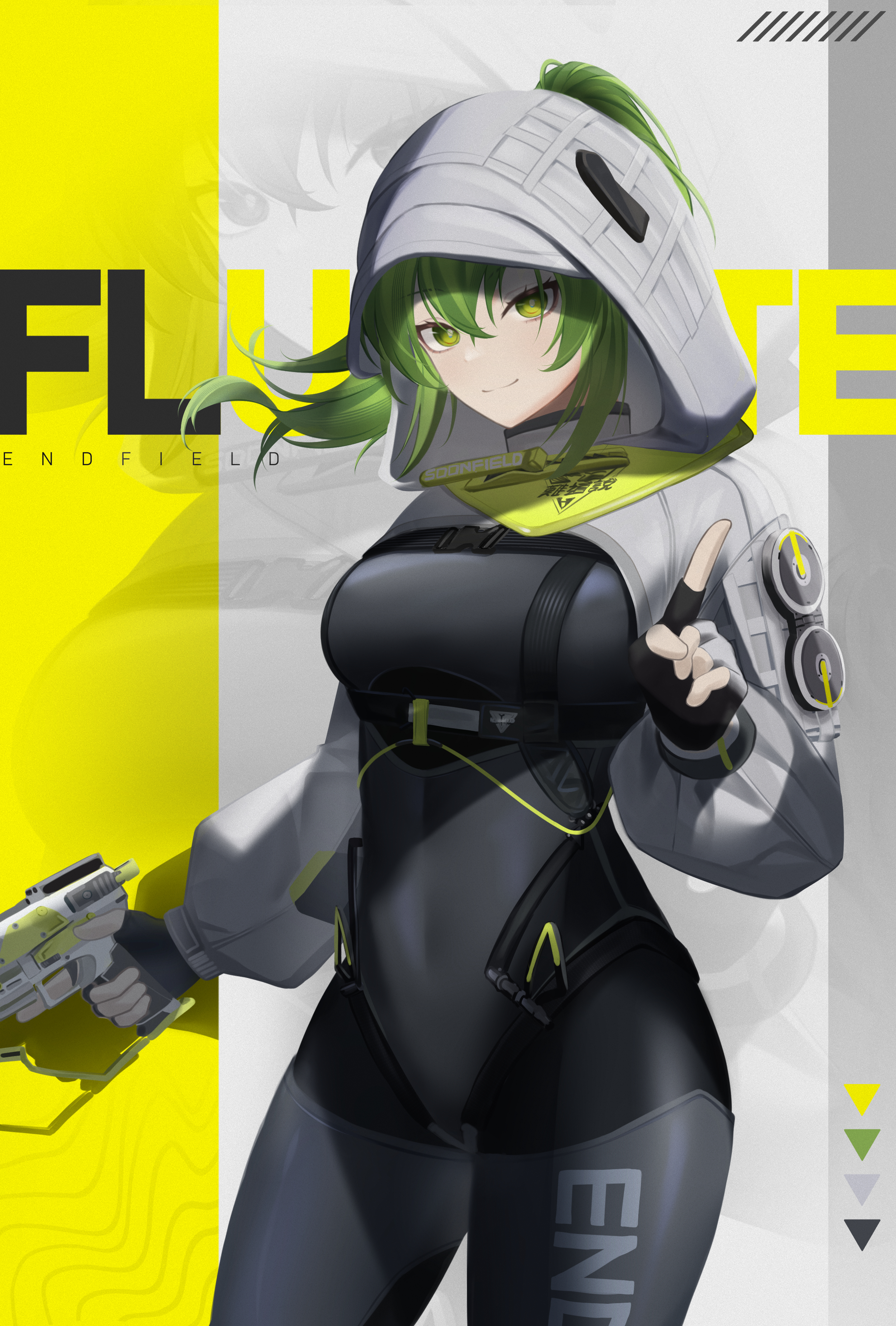 reeper gtr, fluorite (arknights), arknights, arknights: endfield, absurdres, chinese commentary, commentary request, highres, 1girl, black bodysuit, black gloves, bodysuit, breasts, character name, closed mouth, clothes writing, cowboy shot, fingerless gloves, floating hair, gloves, green eyes, green hair, grey hood, gun, hair between eyes, handgun, holding, holding gun, holding weapon, hood, hood up, index finger raised, long hair, long sleeves, looking at viewer, medium breasts, smile, solo, standing, weapon, zoom layer
