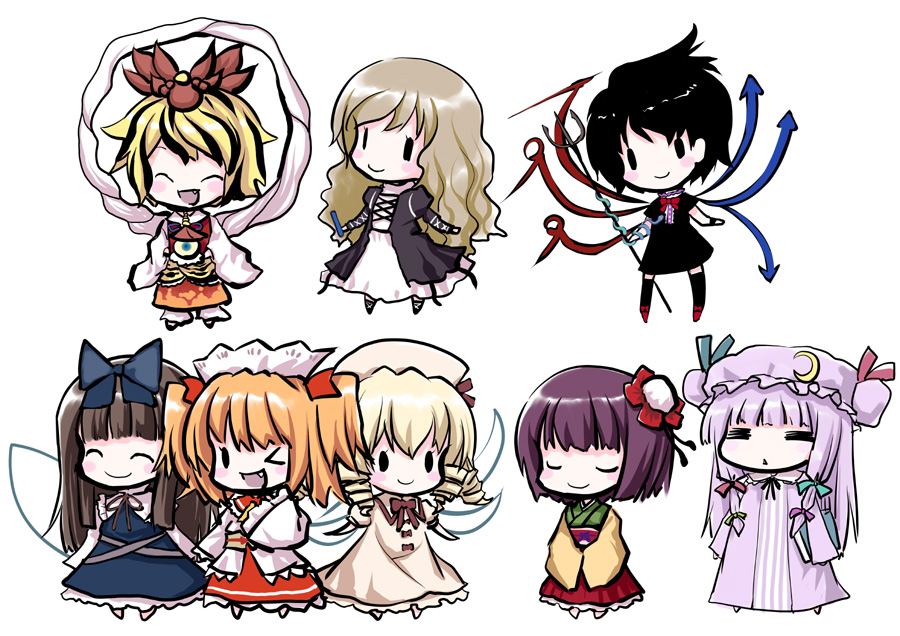 kiira, hieda no akyuu, hijiri byakuren, houjuu nue, luna child, patchouli knowledge, star sapphire, sunny milk, toramaru shou, perfect memento in strict sense, touhou, bad id, bad pixiv id, 6+girls, bishamonten's pagoda, blonde hair, chibi, everyone, female focus, multiple girls