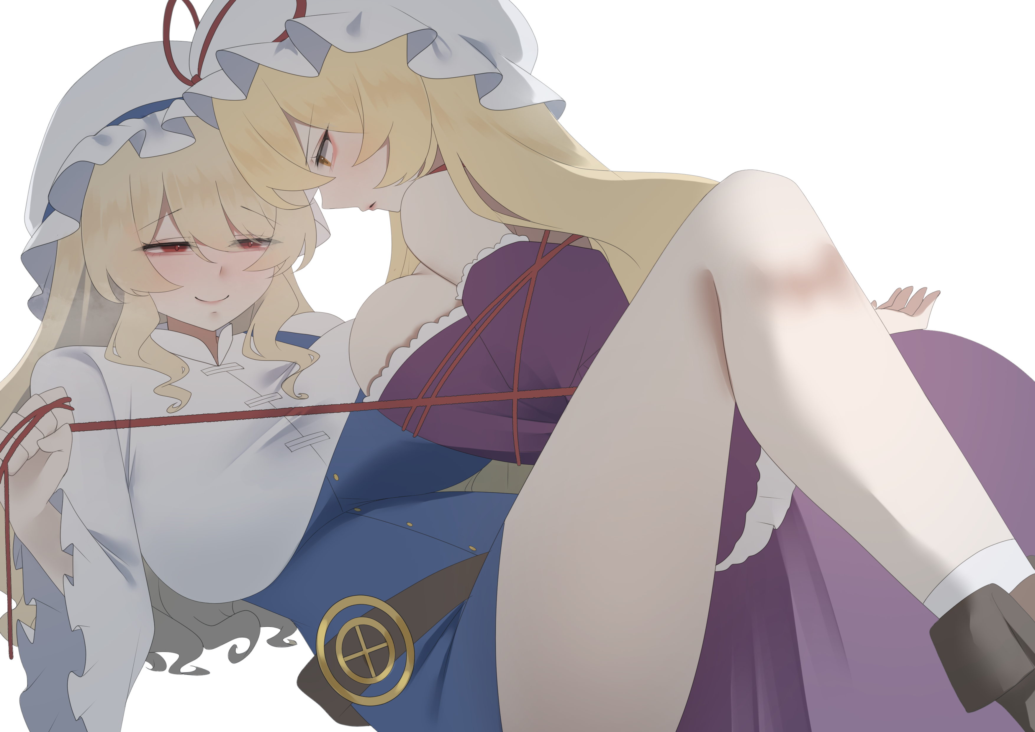 no noru, watatsuki no toyohime, yakumo yukari, touhou, absurdres, commentary, english commentary, highres, 2girls, blonde hair, bound, bound torso, bow, breast press, breasts, brown shoes, buttons, collared shirt, dress, frilled sleeves, frills, furrowed brow, girl on top, hair between eyes, hair bow, hat, hat ribbon, holding, holding rope, large breasts, long hair, long sleeves, looking at another, mob cap, multiple girls, off-shoulder dress, off shoulder, purple dress, red eyes, ribbon, rope, shirt, shoes, simple background, single strap, smile, socks, symmetrical docking, undershirt, v-shaped eyebrows, white background, white hat, white socks, wide sleeves, yuri