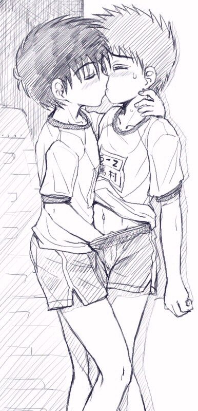 takenokoya, 2boys, against wall, blush, closed eyes, gym storeroom, gym uniform, hand in pants, handjob, hug, kiss, male focus, monochrome, multiple boys, name tag, navel, penis, school, school uniform, shirt, short hair, shorts, shota, storage closet, storeroom, sweat, t-shirt, yaoi