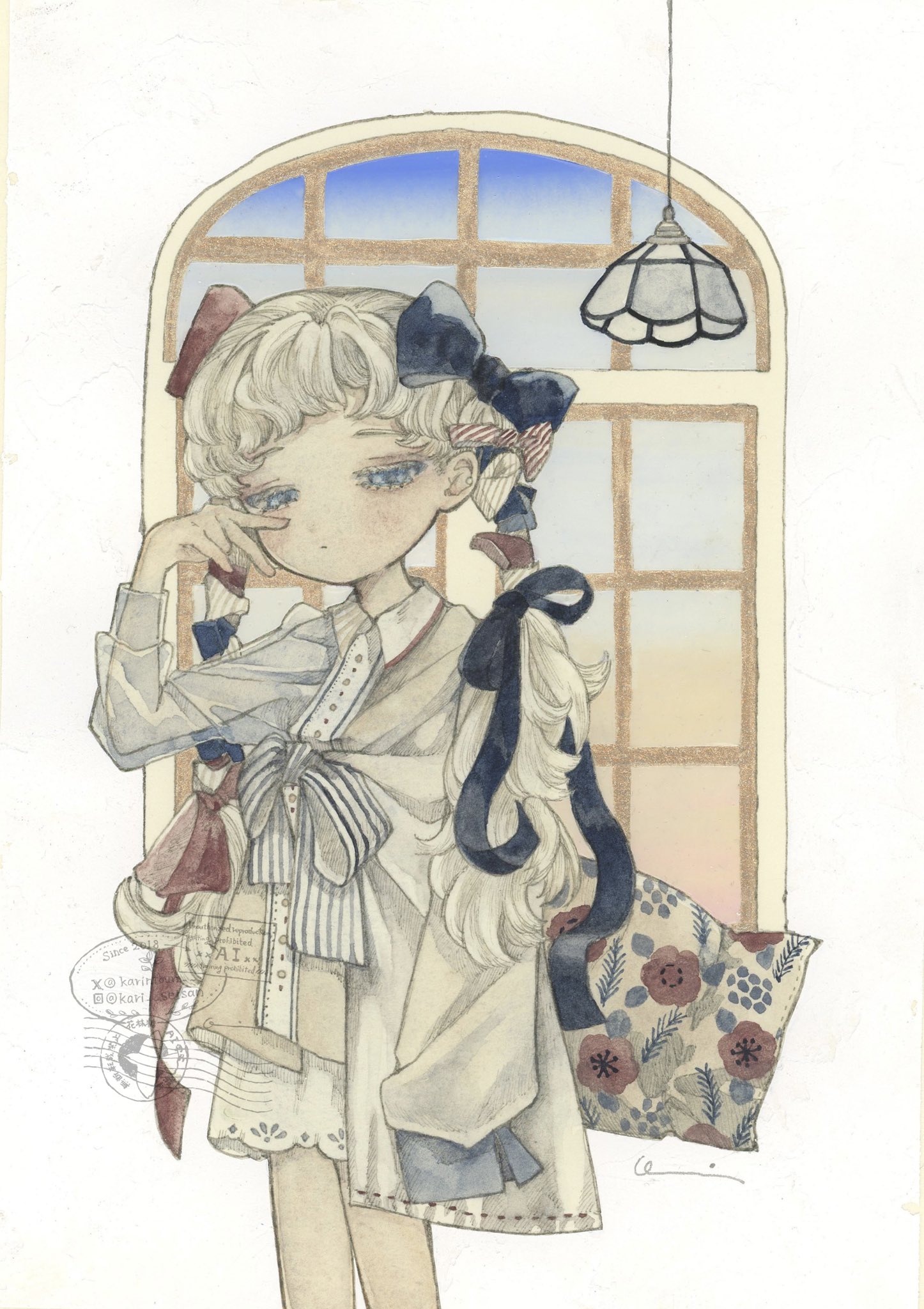 karintoun, original, acrylic paint (medium), commentary, highres, painting (medium), traditional media, watercolor (medium), 1girl, arched window, backlighting, baggy clothes, bare legs, blouse, blue bow, blue eyes, blue sky, blunt bangs, bow, collared shirt, floral print, full body, hair bow, hair ribbon, half-closed eyes, hand on own face, indoors, instagram logo, instagram username, lace trim, large bow, long eyelashes, long hair, long sleeves, looking at viewer, oversized clothes, pale skin, patchwork clothes, pillow, postmark, red ribbon, ribbon, shirt, signature, single sleeve past fingers, skirt, sky, standing, striped bow, twintails, twitter username, twitter x logo, watermark, white background, white hair, window