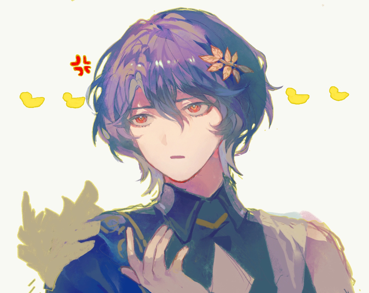 enderrabbit, dr. ratio (honkai: star rail), honkai: star rail, honkai (series), chinese commentary, commentary request, 1boy, anger vein, black shirt, cleavage cutout, clothing cutout, collared shirt, diamond cutout, grey background, hair between eyes, hair ornament, leaf hair ornament, male focus, open mouth, portrait, purple hair, red eyes, sanpaku, shirt, short hair, simple background, solo