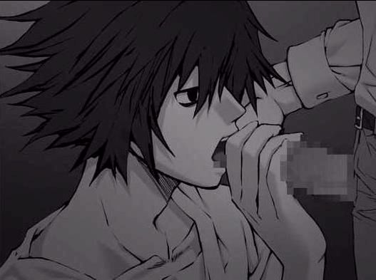 l (death note), yagami light, death note, 00s, 2boys, censored, fellatio, male focus, monochrome, multiple boys, oral, penis, yaoi