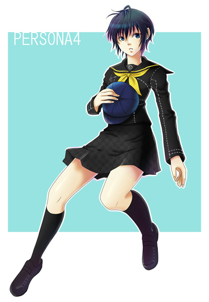sattta, shirogane naoto, atlus, persona, persona 4, bad id, bad pixiv id, 1girl, blue eyes, blue hair, female focus, full body, hat, kneehighs, matching hair/eyes, newsboy cap, school uniform, serafuku, short hair, skirt, socks, solo