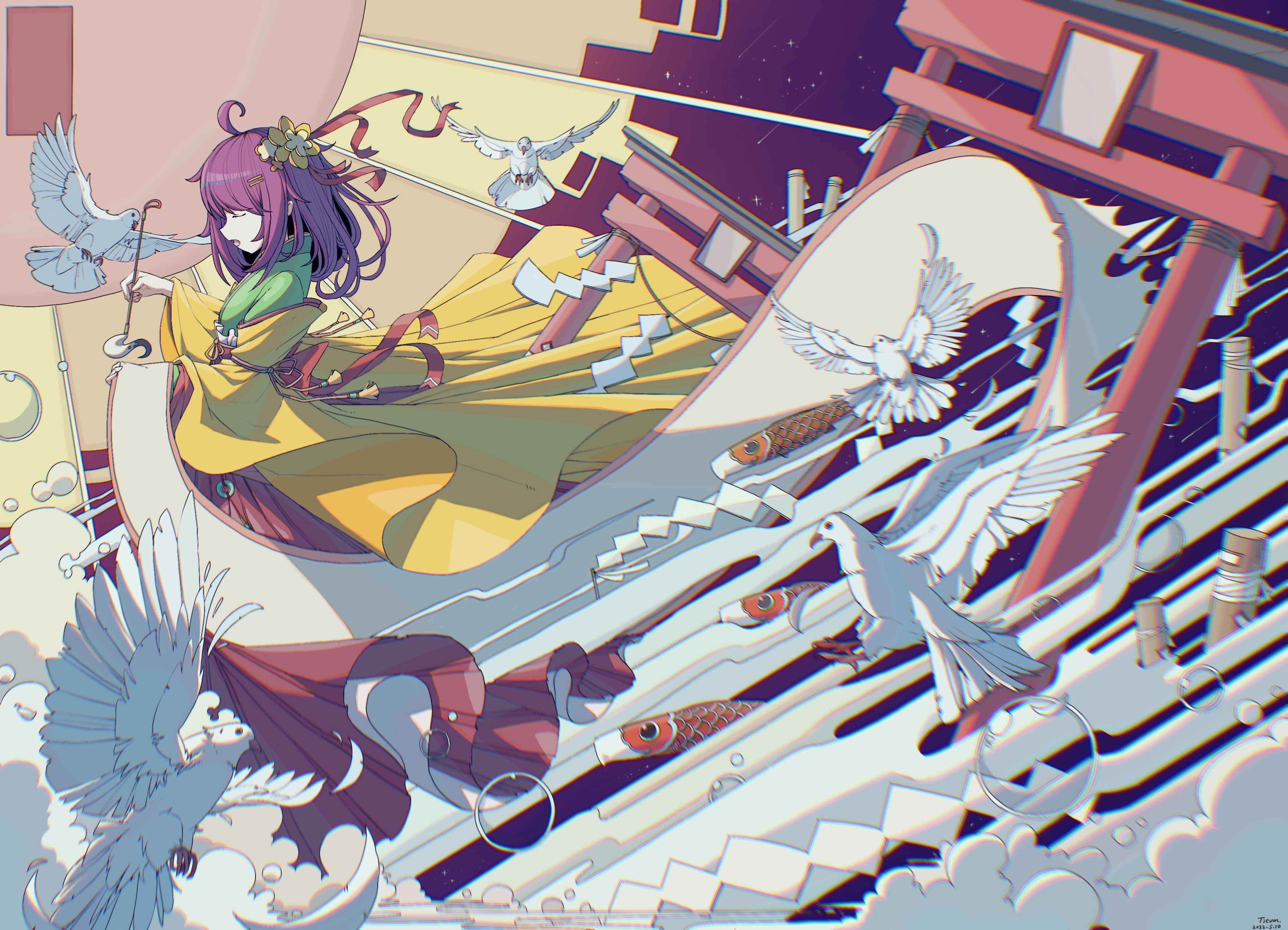 tseum, hieda no akyuu, touhou, absurdres, chinese commentary, clothing request, highres, bird, closed eyes, cloud, detached sleeves, flower ornament, green vest, hair ornament, hairclip, hakama, hakama skirt, holding, holding pen, holding scroll, japanese clothes, jewelry, koinobori, lolita fashion, long skirt, long sleeves, medium hair, meteor shower, multiple torii, night, open mouth, pen, pigeon, purple hair, red ribbon, red skirt, ribbon, ring, scroll, skirt, sleeve ribbon, star (sky), torii, vest, wa lolita, windsock, yellow ribbon, yellow sleeves