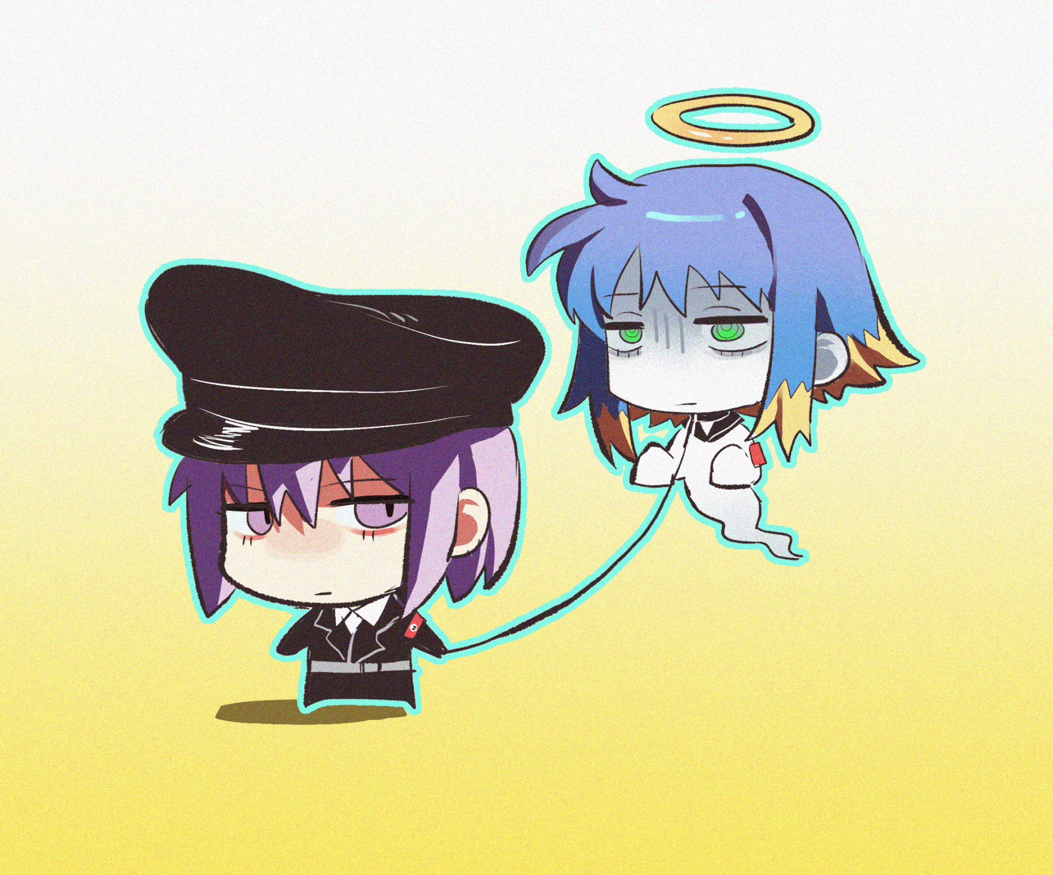 geru futota, remilia scarlet, shiriri (cookie), cookie (touhou), touhou, commentary request, highres, 1girl, 1other, armband, black hat, black jacket, blonde hair, blue hair, chibi, chibi only, closed mouth, expressionless, full body, ghost, gradient background, green eyes, halo, hat, holding, holding leash, ikarashi (dasijie77077), jacket, leash, looking at viewer, military hat, multicolored hair, purple eyes, purple hair, short hair, traditional halo, two-tone hair, yellow background, yellow halo