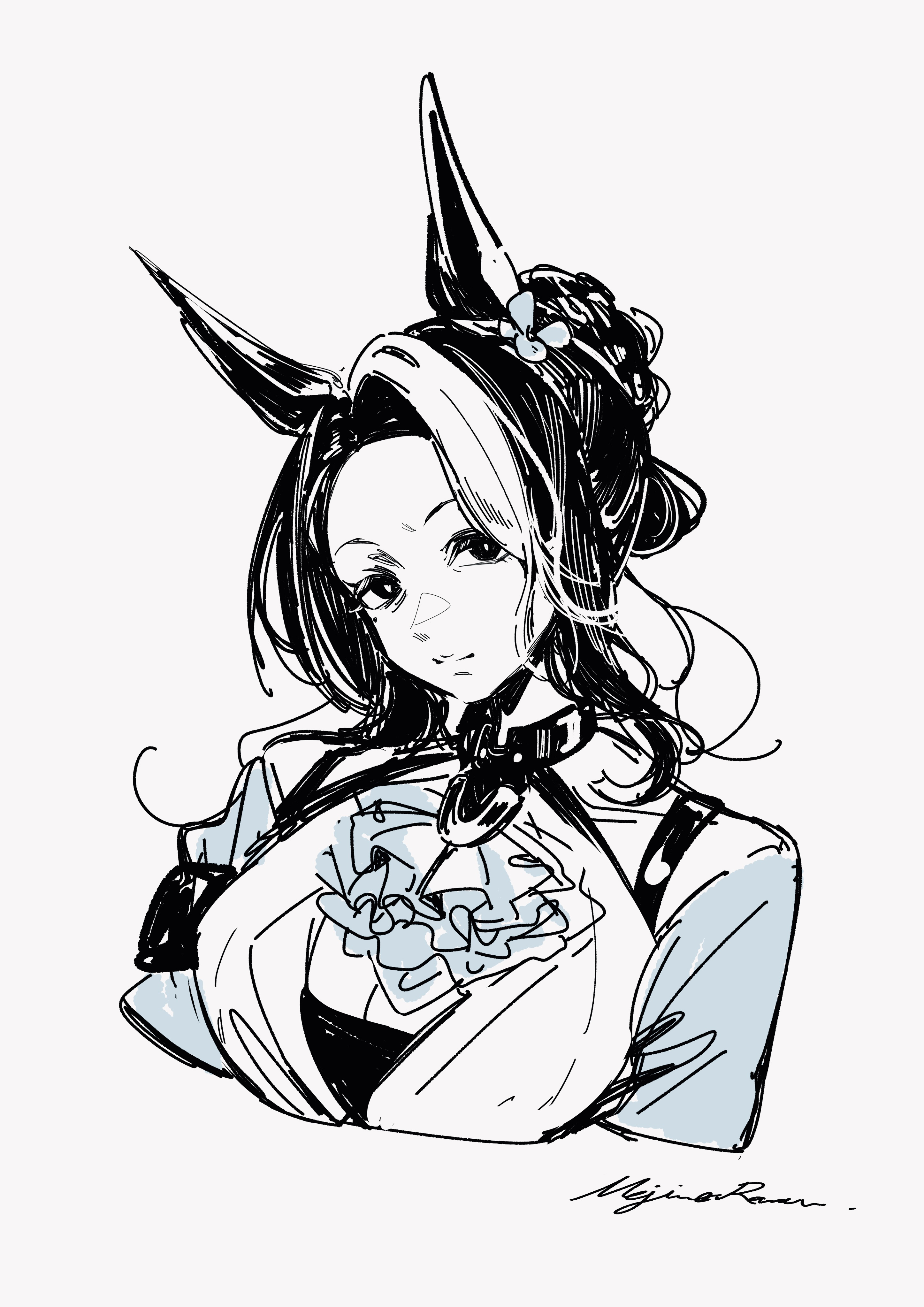 ohayonabeno, mejiro ramonu (onyx line) (umamusume), mejiro ramonu (umamusume), umamusume, absurdres, highres, 1girl, animal ears, ascot, black hair, blue ascot, breasts, character name, cleavage, horse ears, horse girl, looking at viewer, multicolored hair, smile, solo, striped hair, two-tone hair, white hair