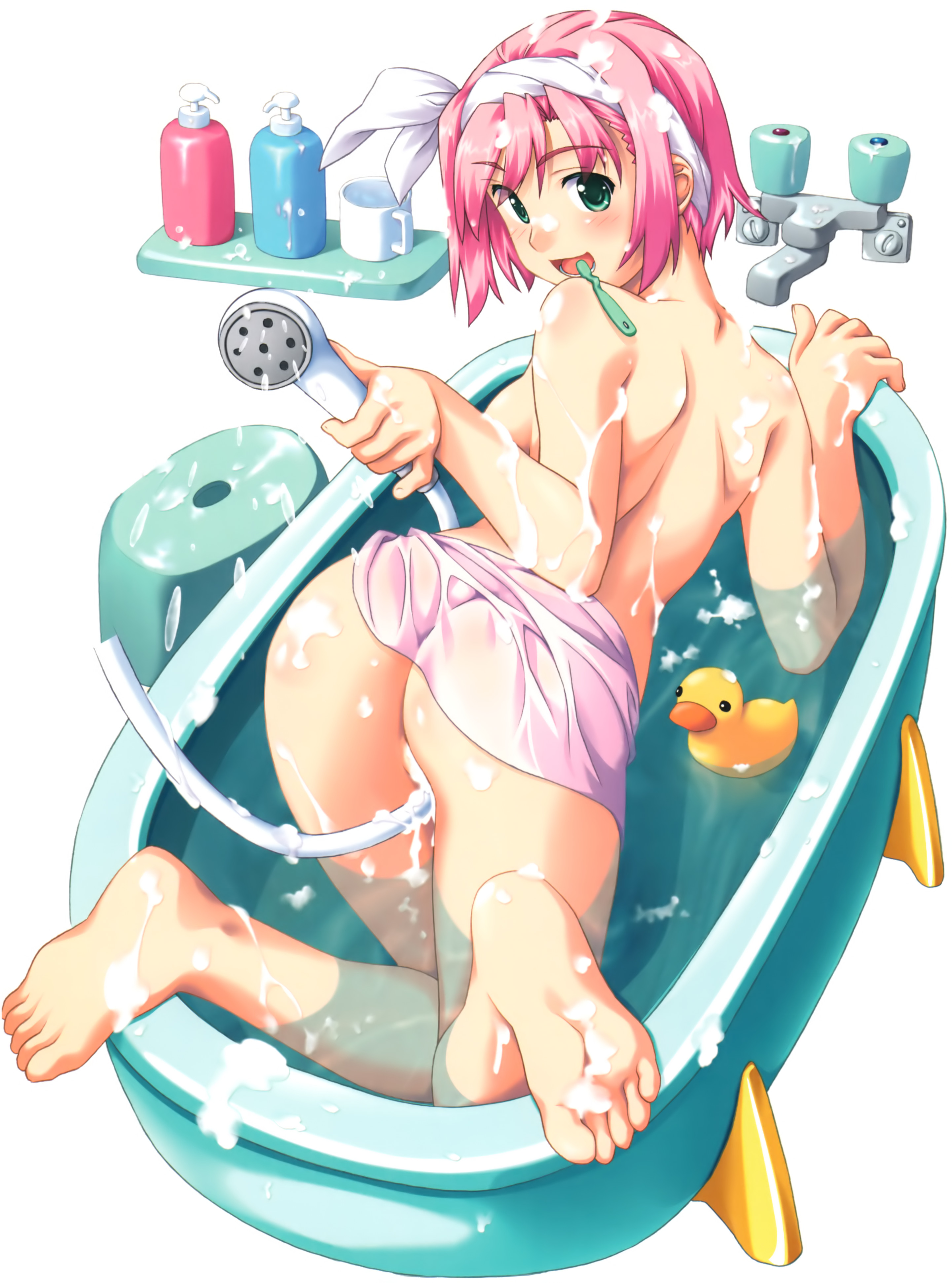 kuuchuu yousai, original, absurdres, highres, scan, 1girl, ass, bad anatomy, bad feet, barefoot, bath stool, bathing, bathtub, feet, female focus, from above, from behind, green eyes, looking back, pink hair, poorly drawn, rubber duck, sexually suggestive, short hair, shower head, smile, soles, solo, stool, toes, toothbrush, topless female, towel