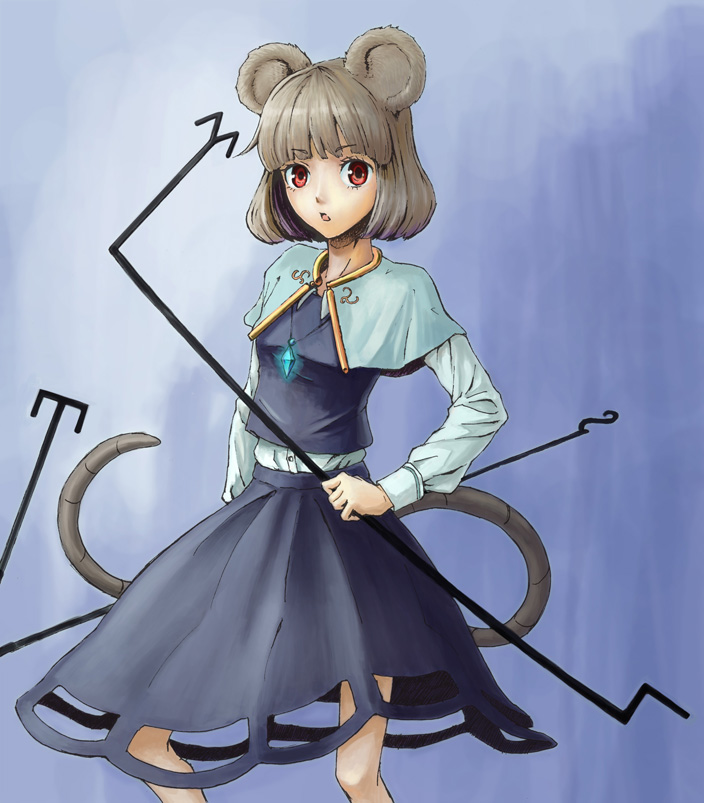 akitu kouta, nazrin, touhou, 1girl, animal ears, capelet, female focus, grey hair, jewelry, mouse ears, mouse tail, pendant, red eyes, short hair, solo, standing, tail