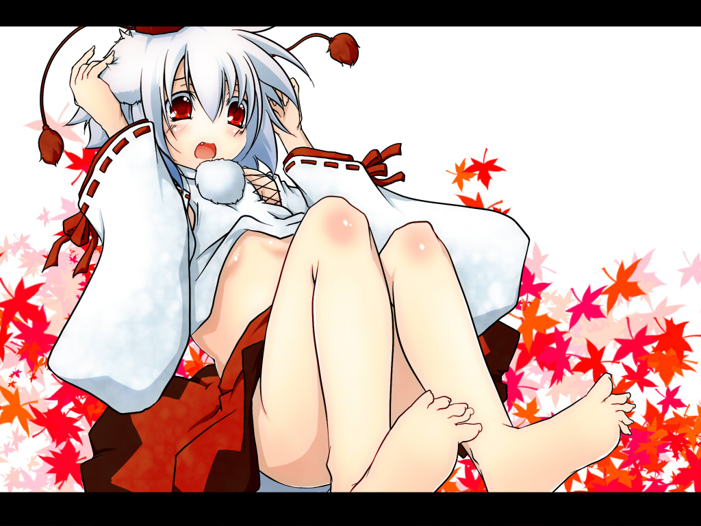 haruyonoto, inubashiri momiji, touhou, silver hair, 1girl, bad anatomy, bad feet, barefoot, breasts, detached sleeves, fang, feet, female focus, flat chest, hat, leaf, midriff, poorly drawn, red eyes, short hair, small breasts, solo, tokin hat, underboob