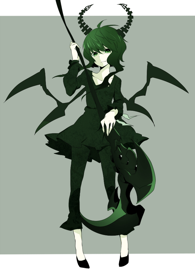 la-do, oguro (moyashi 2-hon), dead master, black rock shooter, bad id, bad pixiv id, 10s, 1girl, female focus, green eyes, horns, scythe, solo, wings
