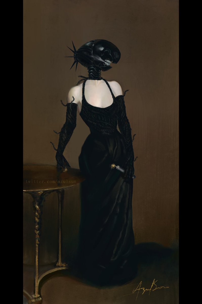 melonasun, bomb devil (chainsaw man), chainsaw man, highres, 1girl, alternate form, apron, black apron, bomb, brown background, dynamite, explosive, faux traditional media, fine art parody, hand on table, holding dynamite, john singer sargent (style), looking to the side, object head, parody, portrait of madame x, signature, solo, table, twitter username