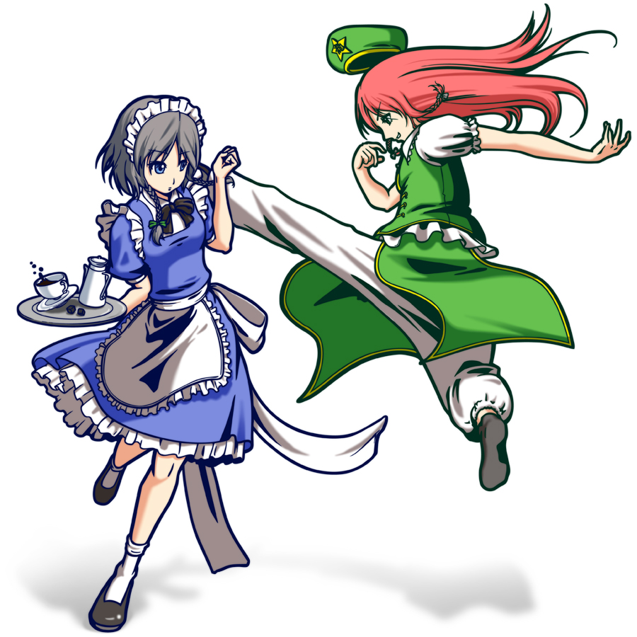 nobuya, hong meiling, izayoi sakuya, embodiment of scarlet devil, immaterial and missing power, touhou, bad id, bad pixiv id, 2girls, blue eyes, bow, braid, female focus, grey hair, hair bow, hat, kicking, long hair, maid, multiple girls, red hair, short hair, tea, twin braids