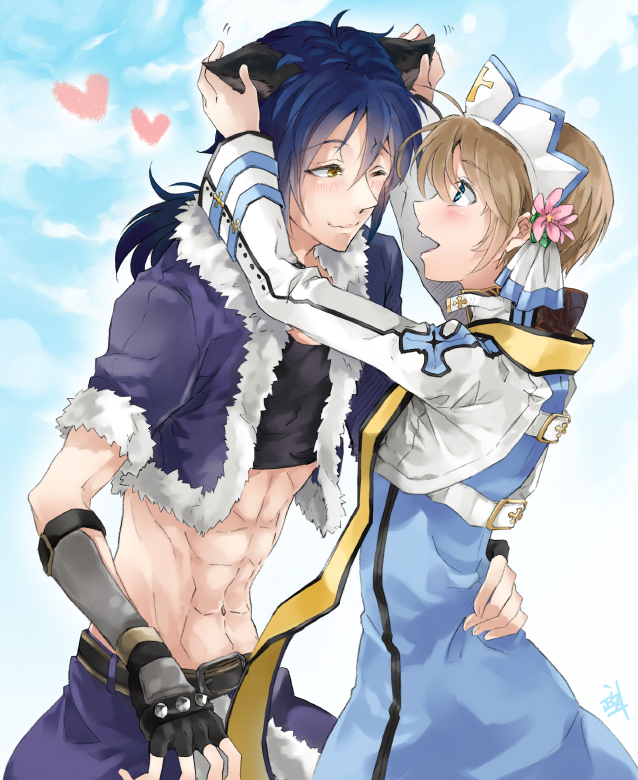 masato (mstlp), arch bishop (ragnarok online), stalker (ragnarok online), ragnarok online, 2boys, abs, animal ears, black gloves, black shirt, blue eyes, blue hair, blue sky, blush, brown hair, cape, cat boy, cat ears, closed mouth, cloud, crop top, ear fondling, fingerless gloves, fur-trimmed cape, fur-trimmed jacket, fur trim, gloves, headdress, jacket, long hair, looking at viewer, male focus, multiple boys, one eye closed, open clothes, open jacket, open mouth, outdoors, purple cape, purple jacket, shirt, short hair, short sleeves, sky, smile, toned, toned male, upper body, vambraces, waist cape, yaoi, yellow eyes