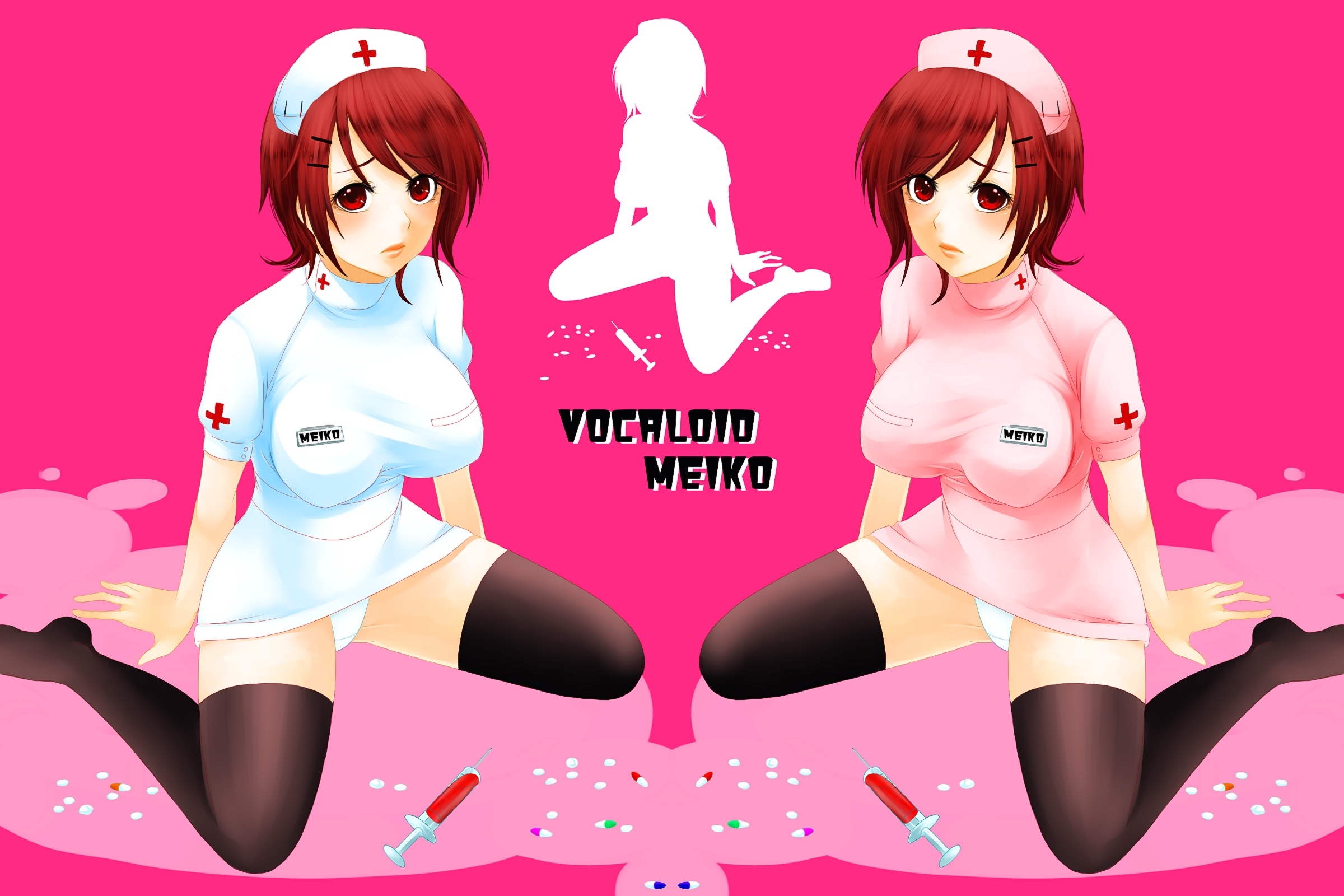 nez-doll, nezu, meiko (vocaloid), vocaloid, bad id, bad pixiv id, highres, brown hair, drugs, name tag, nurse, panties, pill, red eyes, syringe, thighhighs, underwear
