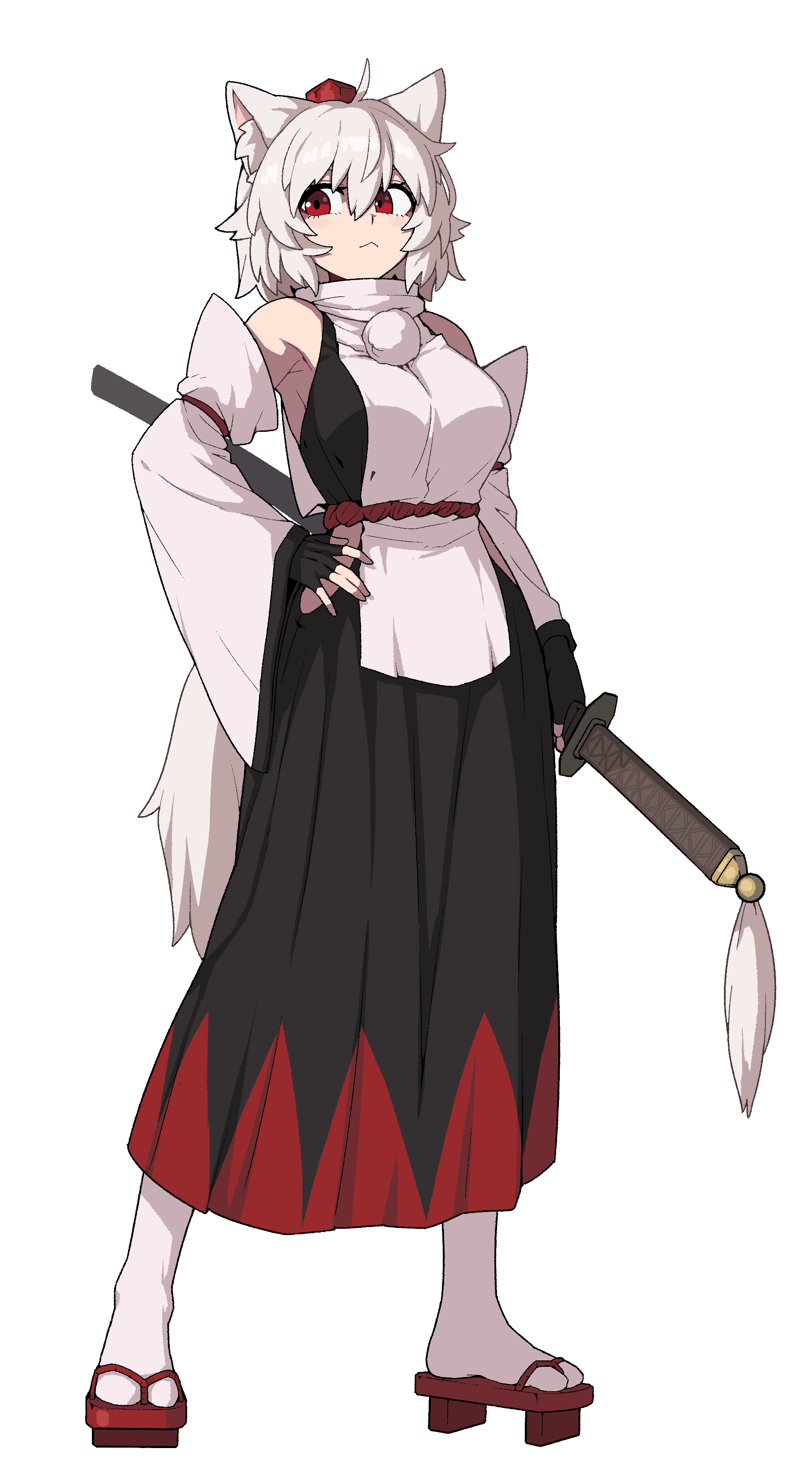 formicid, inubashiri momiji, touhou, absurdres, highres, animal ears, armpits, black gloves, breasts, detached sleeves, fingerless gloves, full body, geta, gloves, hat, holding, holding sword, holding weapon, looking to the side, red eyes, red hat, simple background, socks, sword, tail, tokin hat, weapon, white background, white hair, white socks, wolf ears, wolf girl, wolf tail