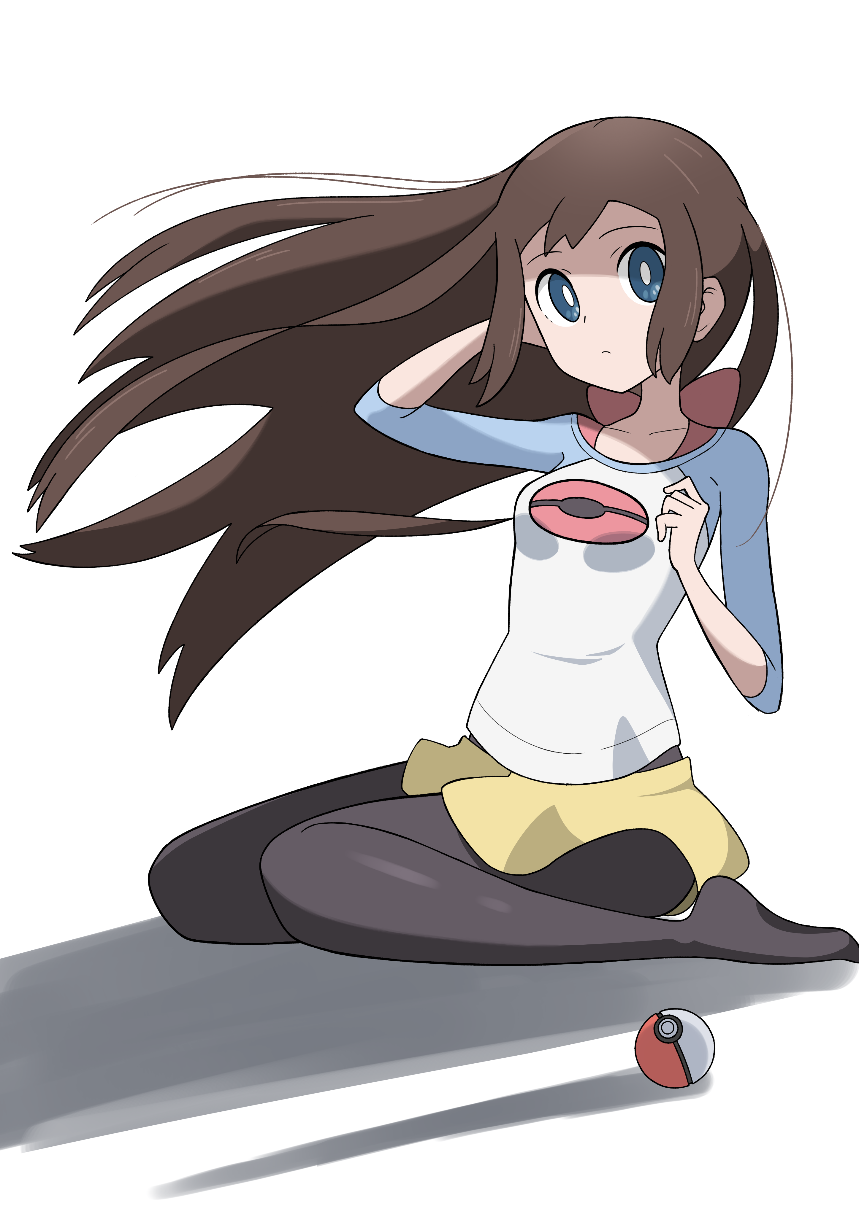 araki megami, rosa (pokemon), nintendo, pokemon, pokemon bw2, absurdres, highres, 1girl, black leggings, black pantyhose, blue eyes, breasts, brown hair, floating hair, full body, hair down, leggings, long hair, no shoes, pantyhose, poke ball, poke ball (basic), poke ball print, print shirt, raglan sleeves, shirt, short shorts, shorts, simple background, sitting, solo, very long hair, wariza, white background, yellow shorts