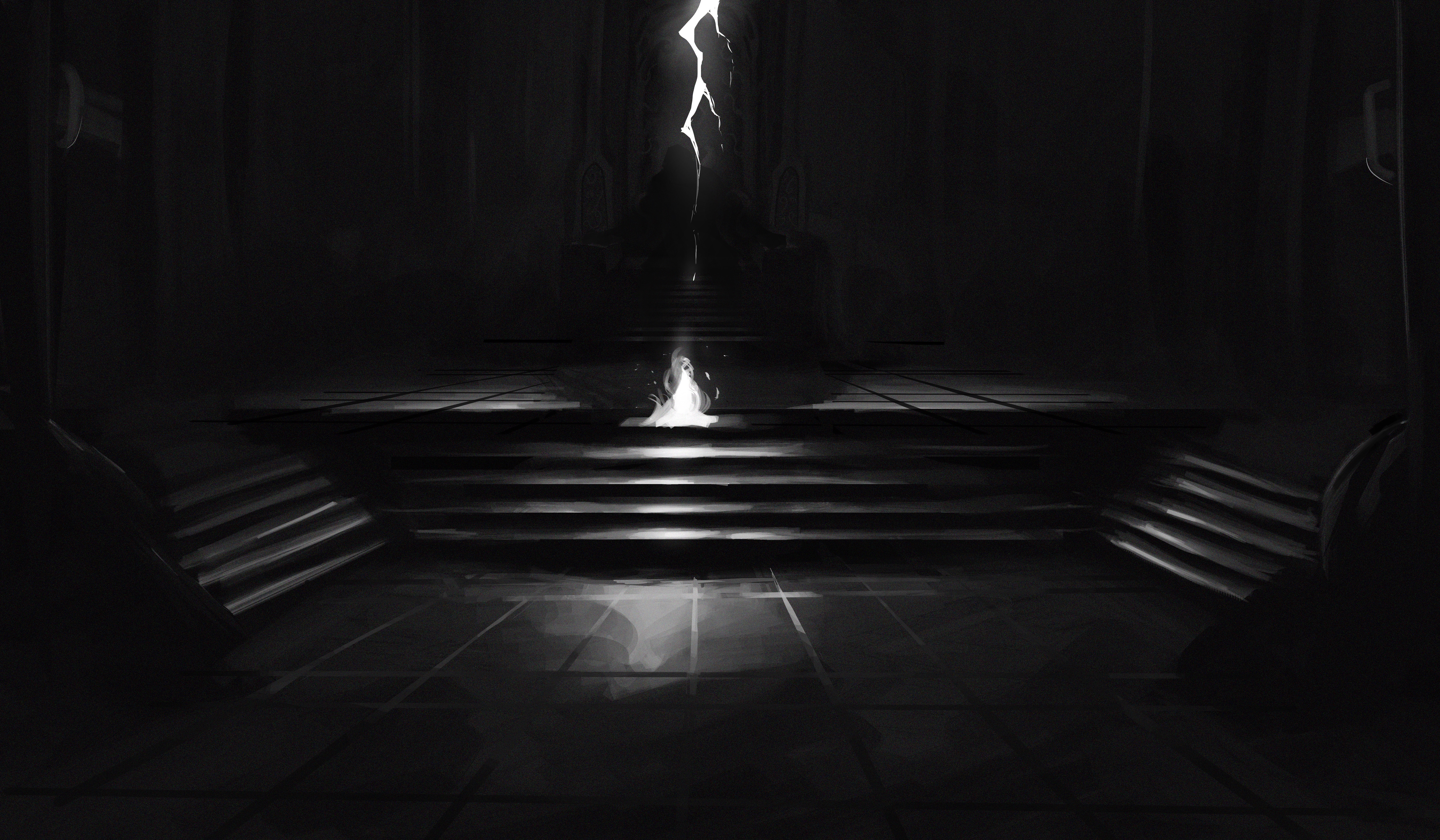 sunny (shadow slave), shadow slave, absurdres, highres, 1other, burning, elbow rest, fire, gloxartx, greyscale, indoors, lightning, monochrome, scenery, silhouette, solo, stairs, throne, tile floor, tiles