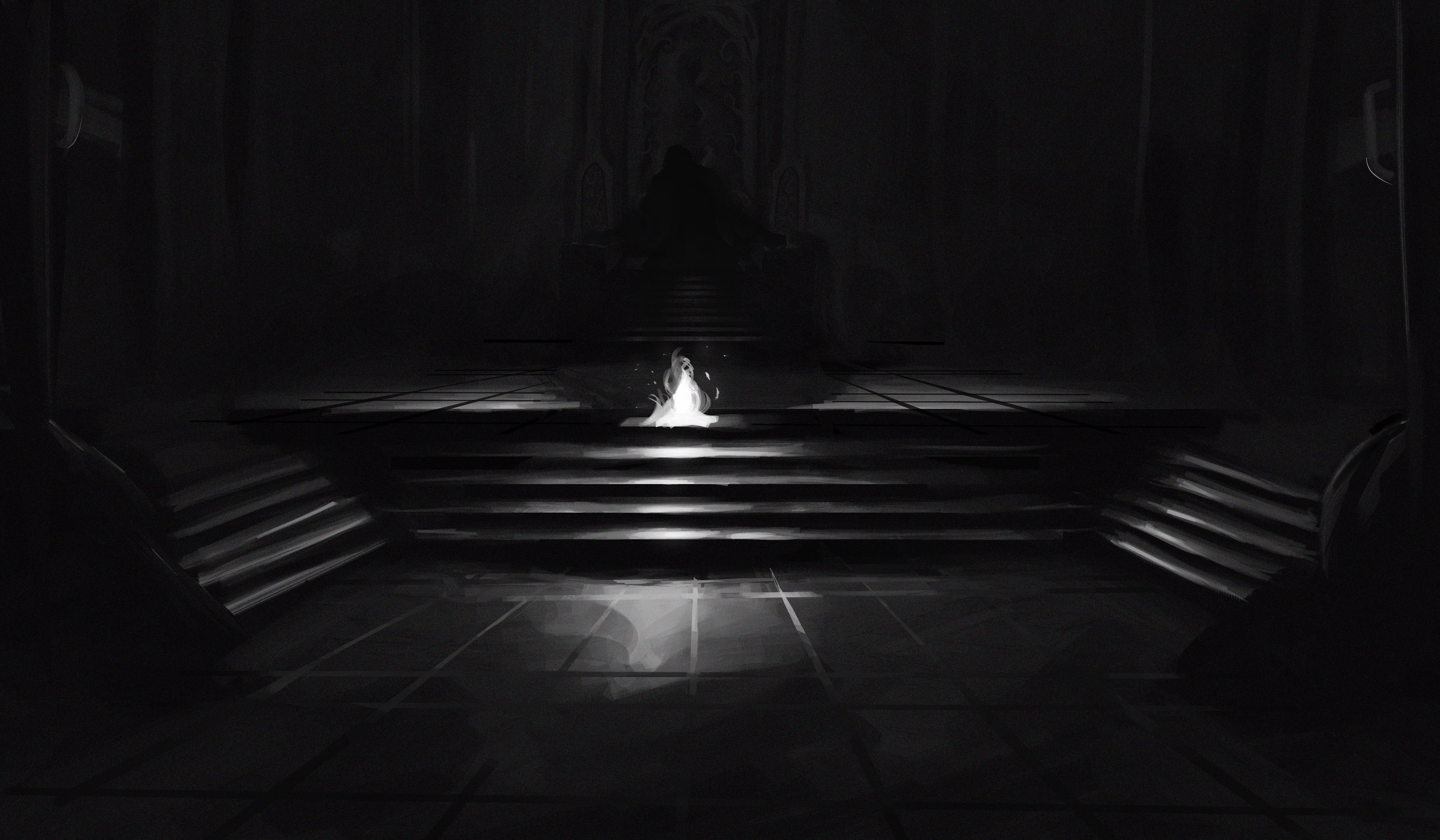 sunny (shadow slave), shadow slave, absurdres, highres, 1other, burning, fire, gloxartx, greyscale, indoors, monochrome, scenery, sitting, solo, stairs, throne, tile floor, tiles