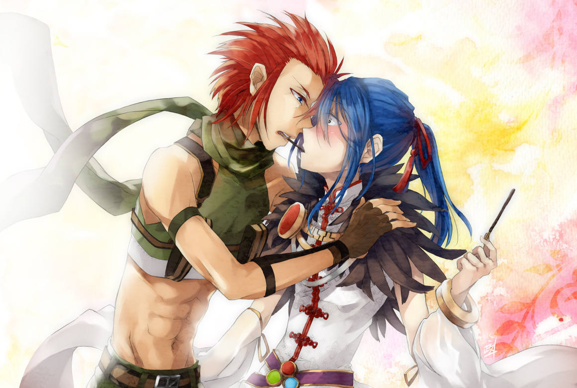 masato (mstlp), ranger (ragnarok online), sorcerer (ragnarok online), ragnarok online, commentary request, 2boys, abs, bangle, belt, blue eyes, blue hair, bracelet, brown belt, brown gloves, camouflage scarf, crop top, detached sleeves, fingerless gloves, food, food in mouth, fur collar, gloves, green scarf, green shirt, hair ribbon, jewelry, long hair, looking at another, male focus, multiple boys, open mouth, pocky, pocky in mouth, pocky kiss, ponytail, purple belt, red hair, red ribbon, ribbon, scarf, shared food, shirt, short hair, sleeveless, sleeveless shirt, spiked hair, toned, toned male, upper body, white background, white shirt, white sleeves, yaoi, yellow background