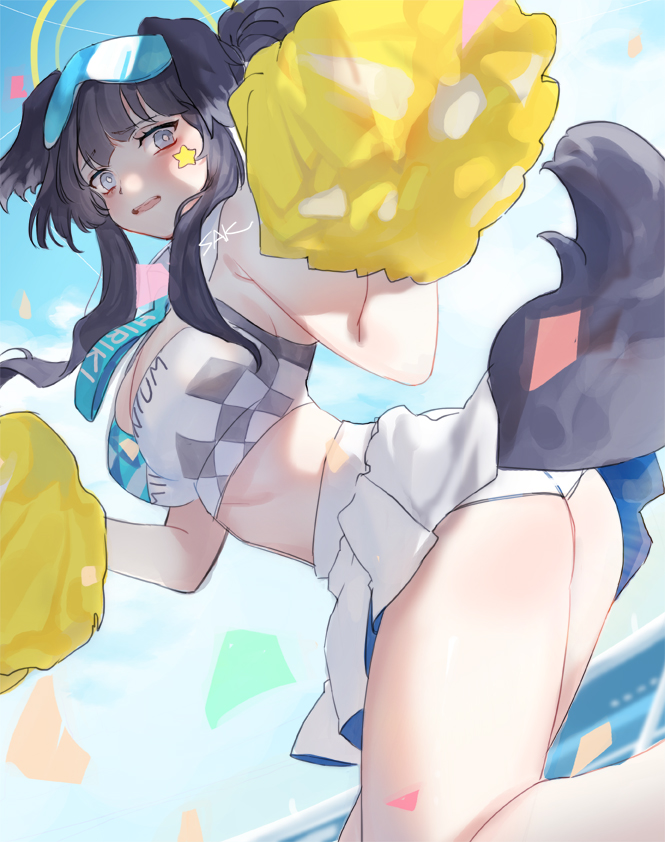 ssaknanda, hibiki (blue archive), hibiki (cheer squad) (blue archive), blue archive, 1girl, animal ears, ass, back, black hair, blue eyes, blush, breasts, cheerleader, dog ears, dog girl, dog tail, goggles, goggles on head, halo, holding, holding pom poms, long hair, looking at viewer, looking back, millennium cheerleader outfit (blue archive), official alternate costume, panties, pom pom (cheerleading), pom poms, skirt, solo, star (symbol), star sticker, sticker, sticker on face, tail, thighs, underwear, upskirt, yellow halo
