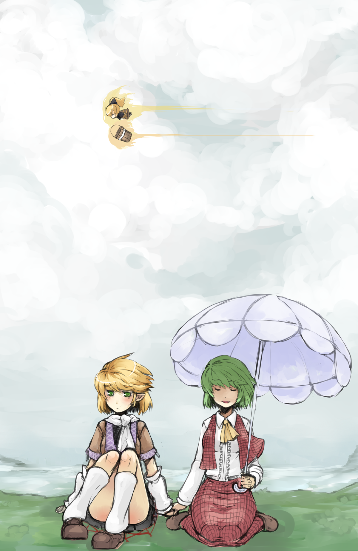 ofuro mantarou, kazami yuuka, kisume, kurodani yamame, mizuhashi parsee, touhou, bad id, bad pixiv id, highres, 2girls, arm warmers, ascot, blonde hair, bucket, female focus, green hair, holding hands, leg warmers, legs, long skirt, multiple girls, parasol, plaid clothes, plaid skirt, plaid vest, pointy ears, scarf, scenery, skirt, skirt set, sky, thighs, umbrella, vest, yellow eyes