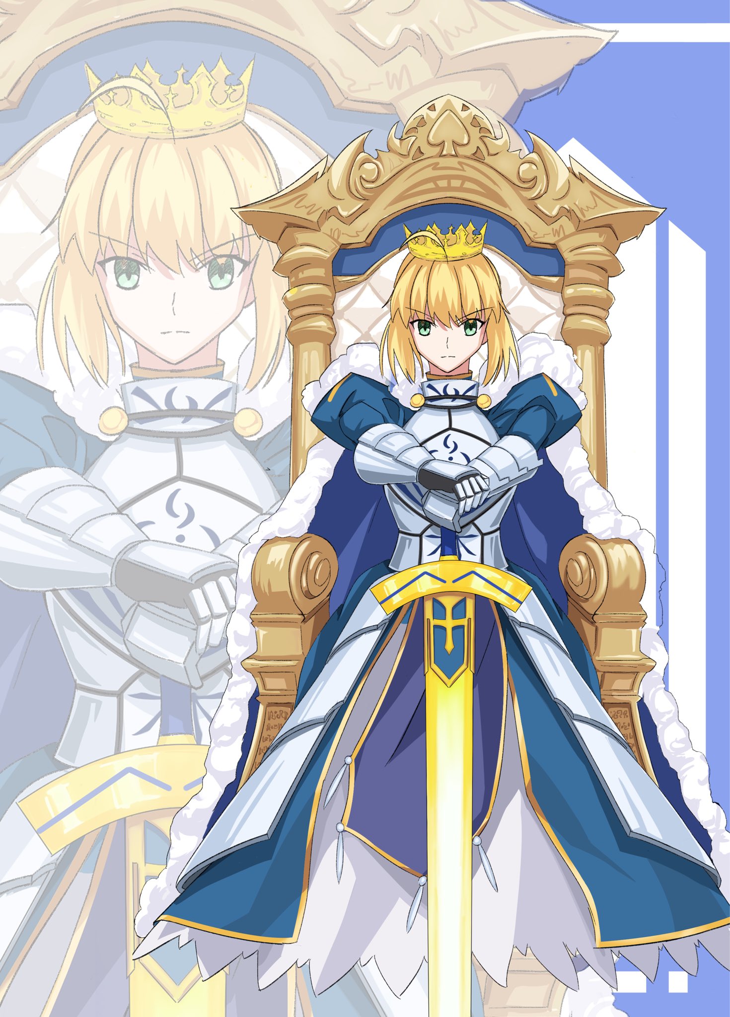 andychen662000, artoria pendragon (fate), saber (fate), fate/stay night, fate (series), highres, ahoge, armor, armored dress, blonde hair, crown, dress, excalibur (fate/stay night), green eyes, holding, holding sword, holding weapon, sidelocks, sword, throne, weapon