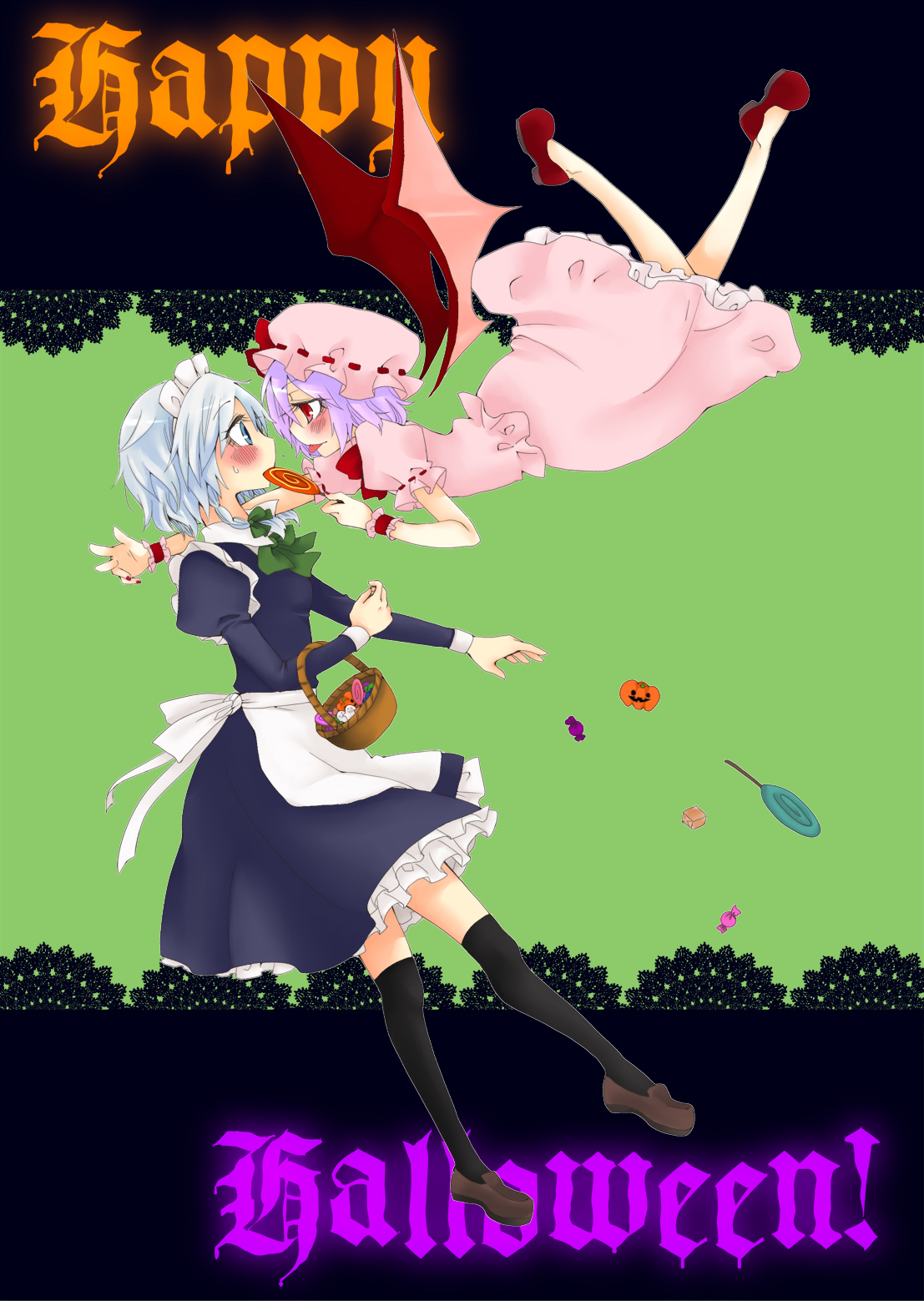 yumesuke, izayoi sakuya, remilia scarlet, touhou, light purple hair, silver hair, highres, 2girls, bat wings, blue eyes, blush, braid, candy, female focus, flying, food, halloween, happy halloween, hat, lollipop, maid, mouth hold, multiple girls, red eyes, short hair, swirl lollipop, tongue, twin braids, wings, yuri
