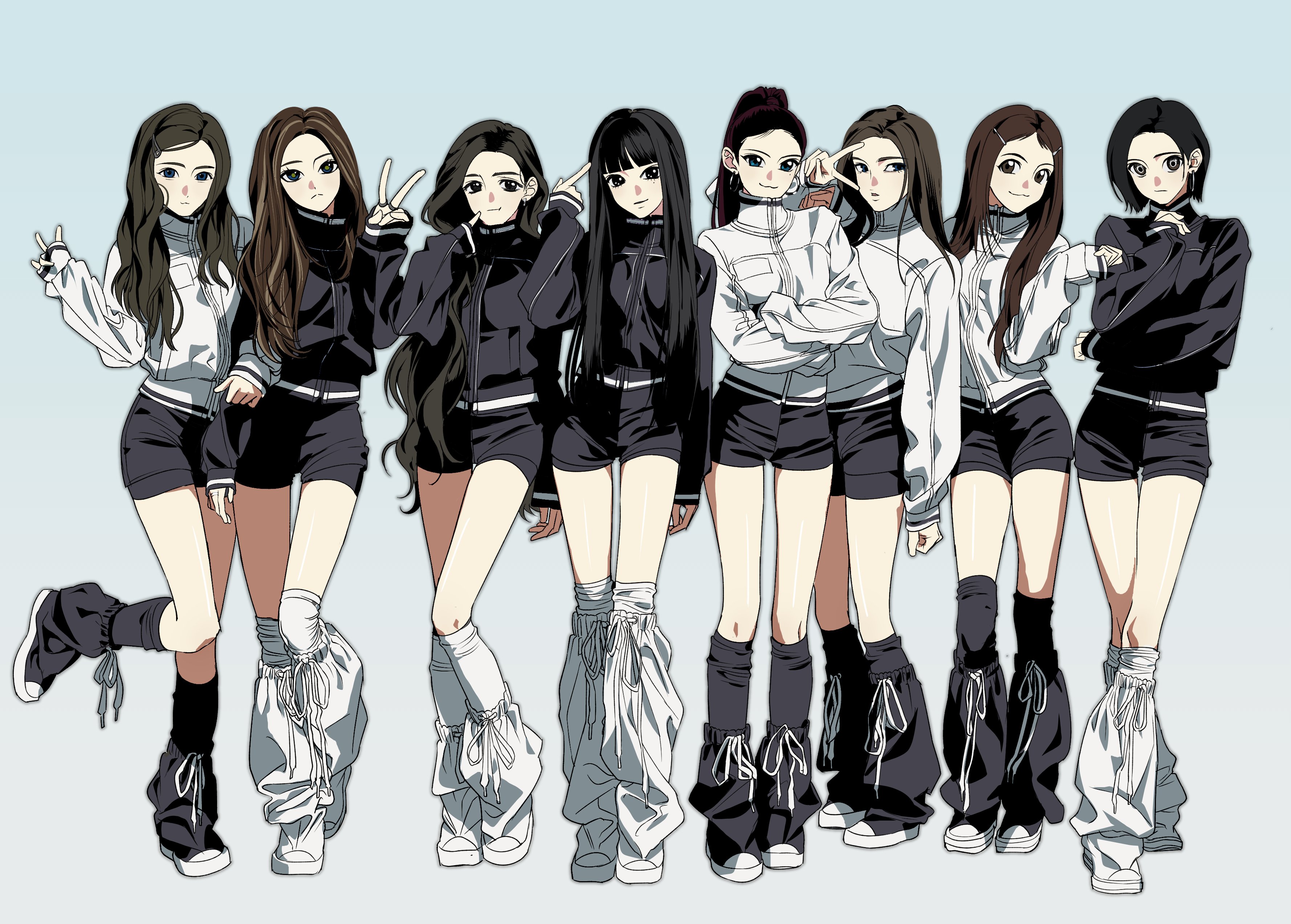 yang gallae, real life, absurdres, highres, 6+girls, :3, black hair, black jacket, black shorts, brown hair, crossed arms, grey background, group picture, jacket, k-pop, leg warmers, long hair, long sleeves, looking at viewer, multiple girls, parted bangs, short hair, shorts, standing, standing on one leg, v, v over eye, white jacket