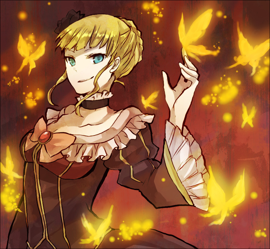 buzz (moi), beatrice (umineko), umineko no naku koro ni, bad id, bad pixiv id, 00s, 1girl, blonde hair, blue eyes, bow, bug, butterfly, choker, dress, female focus, frills, insect, pink bow, ribbon, smile, solo