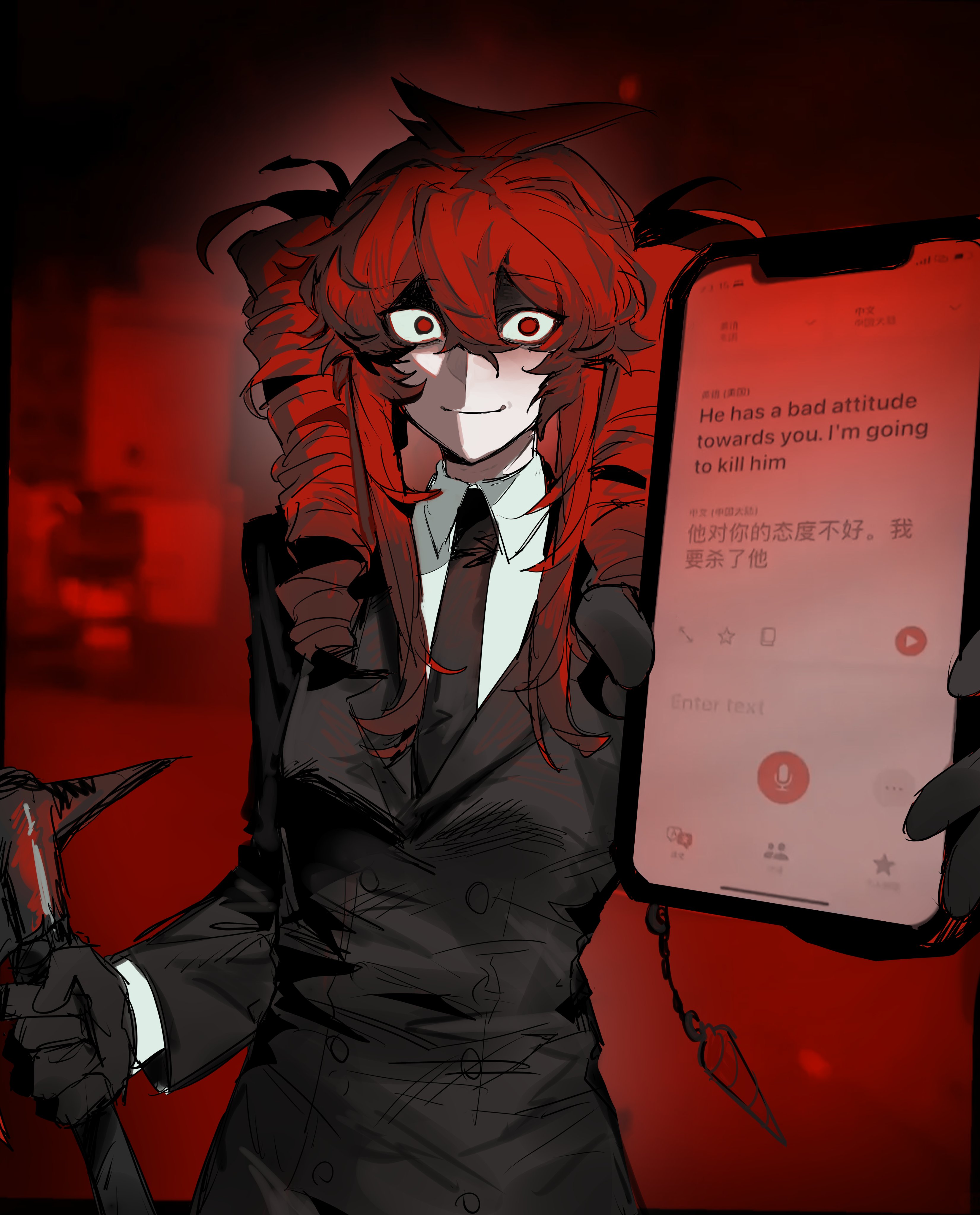 killlb, kasane teto, utau, absurdres, highres, 1girl, alternate costume, black gloves, black jacket, black necktie, business suit, cellphone, cellphone charm, charm (object), collared shirt, crazy eyes, double-parted bangs, drill hair, evil smile, formal clothes, gloves, google translate, hammer, he has a bad attitude towards you.i'm going to kill him (meme), holding, holding hammer, holding phone, jacket, looking at viewer, meme, necktie, partially shaded face, phone, red eyes, red hair, shirt, sidelocks, smile, solo, suit, suit jacket, twin drills, white shirt, yandere