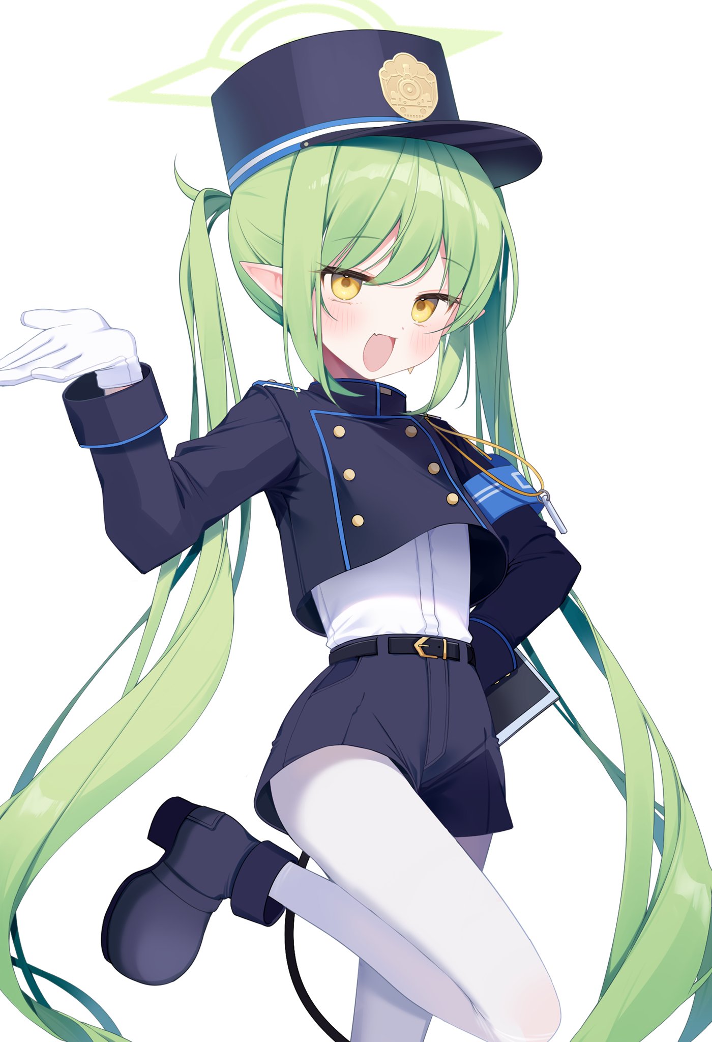shiika yuno, nozomi (blue archive), blue archive, highres, 1girl, armband, belt, blue armband, blue boots, blue hat, blue shorts, boots, demon tail, fang, gloves, green hair, green halo, halo, hand on own hip, hand up, hat, jacket, long hair, pantyhose, pointy ears, shirt, short shorts, shorts, skin fang, tail, twintails, white background, white gloves, white pantyhose, white shirt, yellow eyes