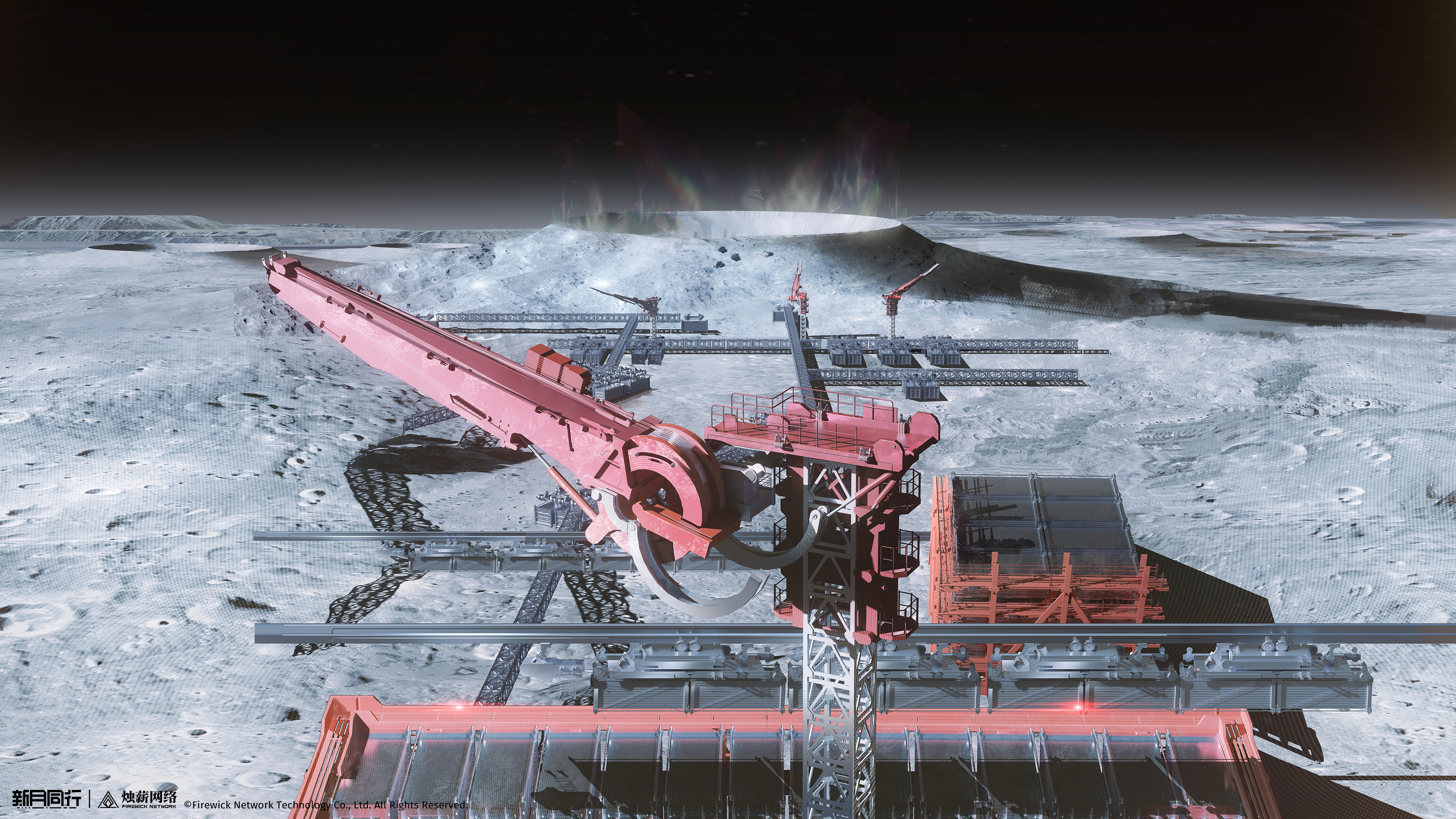 xinyue tongxing, absurdres, highres, official art, official wallpaper, black sky, construction site, copyright name, copyright notice, crane (machine), crater, logo, moon, no humans, outdoors, scenery, sky, truss