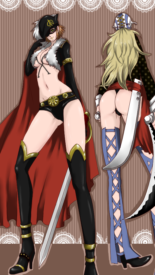 killer (one piece), x drake, one piece, 2girls, ass, blonde hair, breasts, cape, cleavage, female focus, full body, genderswap, genderswap (mtf), gloves, hat, helmet, mask, multiple girls, standing, sword, tattoo, thighs, underboob, weapon, x (symbol)