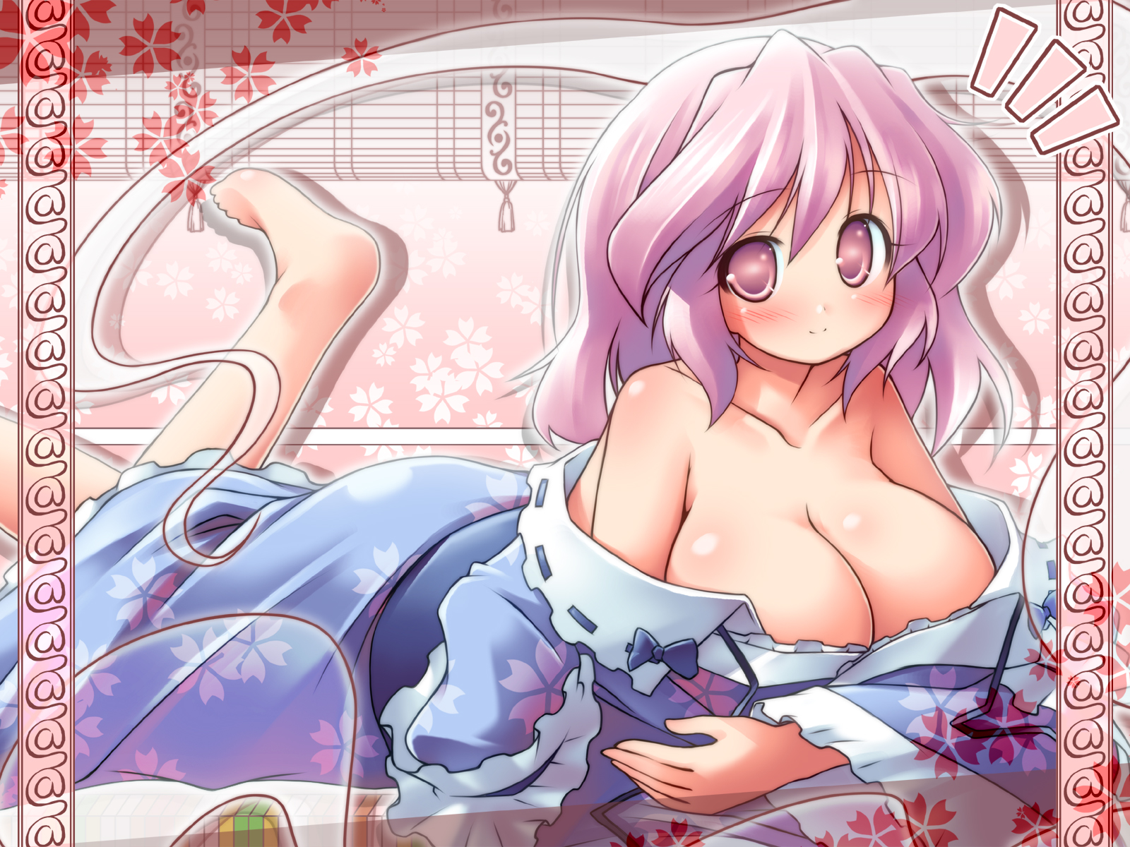 kibushi, saigyouji yuyuko, touhou, highres, 1girl, bad anatomy, bad feet, bare shoulders, barefoot, blush, breasts, cleavage, feet, female focus, japanese clothes, large breasts, pink hair, poorly drawn, purple eyes, purple hair, short hair, smile, solo