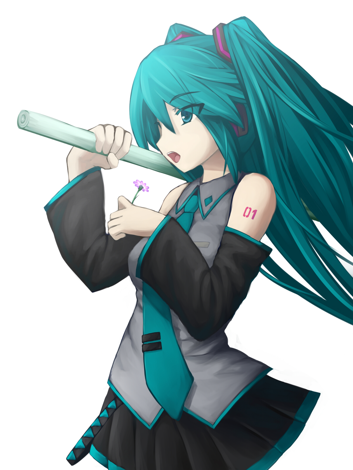 izumi sai, hatsune miku, vocaloid, bad id, bad pixiv id, highres, 1girl, bare shoulders, female focus, flower, green eyes, green hair, matching hair/eyes, music, necktie, simple background, singing, solo, spring onion, twintails, white background
