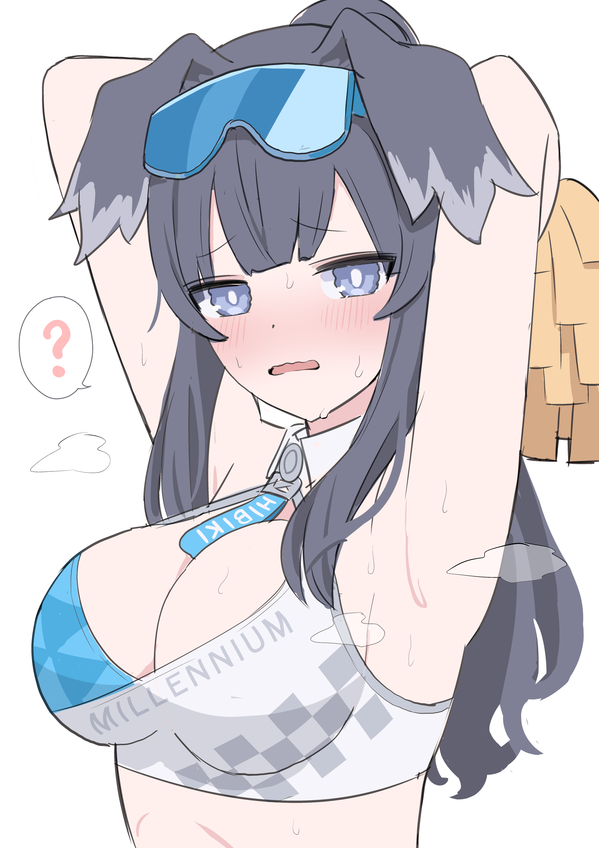 wt zeroyama, hibiki (blue archive), hibiki (cheer squad) (blue archive), blue archive, absurdres, highres, 1girl, ?, animal ears, armpits, arms up, black hair, blue eyes, blush, breasts, cheerleader, cleavage, dog ears, dog girl, goggles, goggles on head, holding, holding pom poms, long hair, looking at viewer, medium breasts, millennium cheerleader outfit (blue archive), official alternate costume, open mouth, pom pom (cheerleading), pom poms, presenting armpit, simple background, solo, sweat, white background