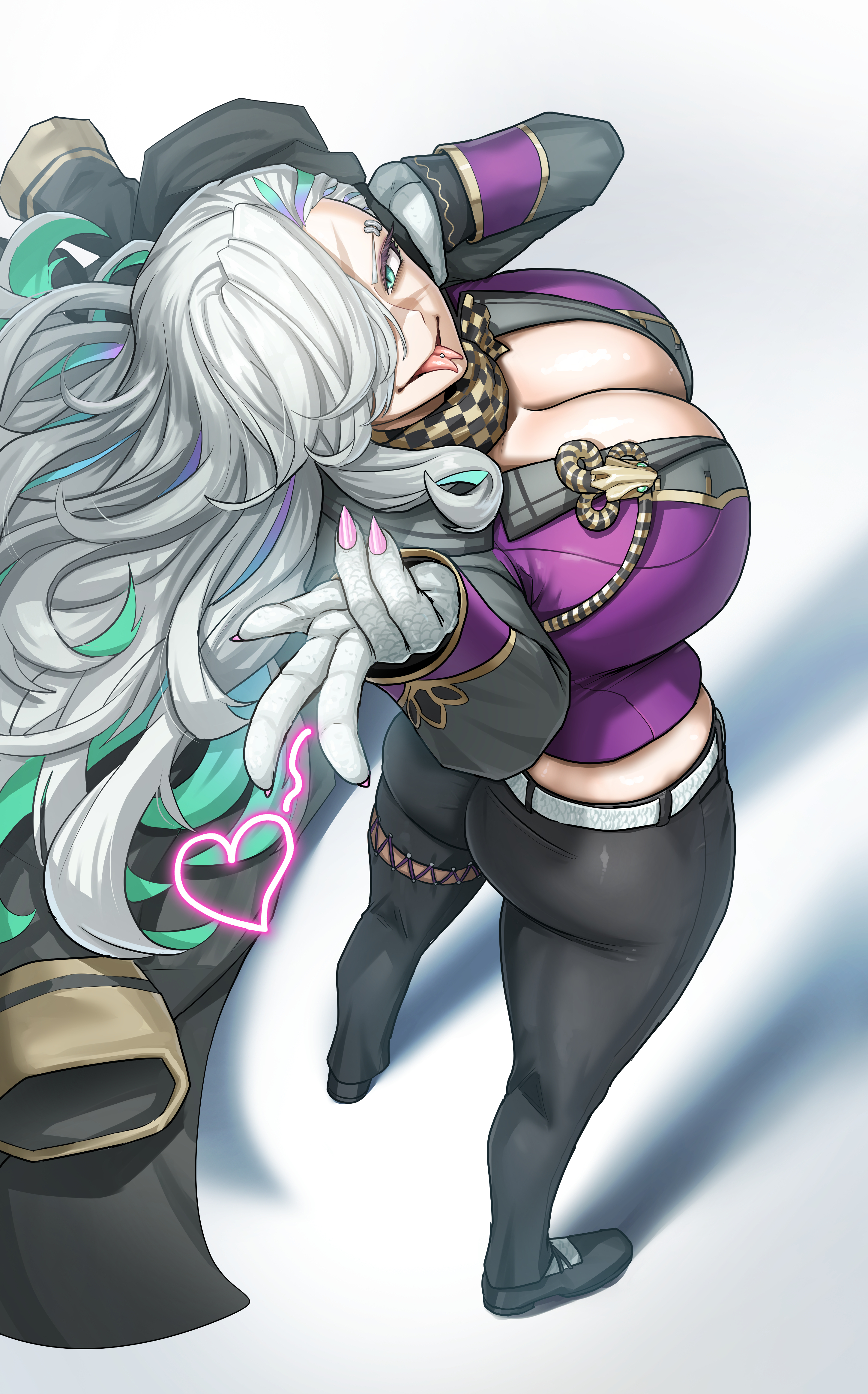 dryseaweed, last origin, absurdres, highres, 1girl, ass, black jacket, black pants, breasts, cleavage, curvy, forked tongue, from above, full body, green eyes, hair over one eye, huge breasts, jacket, long hair, mature female, pants, purple shirt, shirt, tongue, tongue out, unworn jacket, white hair