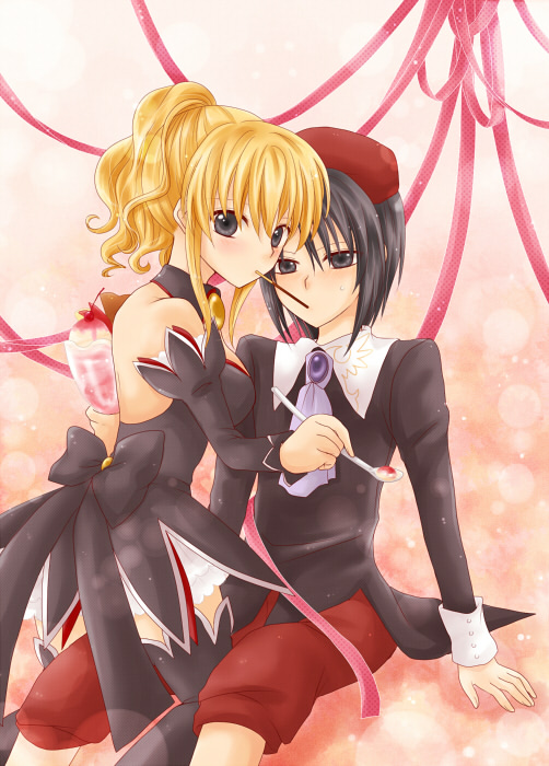 maekawa suu, kanon (umineko), ushiromiya jessica, umineko no naku koro ni, 00s, 1boy, 1girl, angel mort, blonde hair, couple, detached collar, food, hetero, pocky, ponytail, ribbon, thighhighs