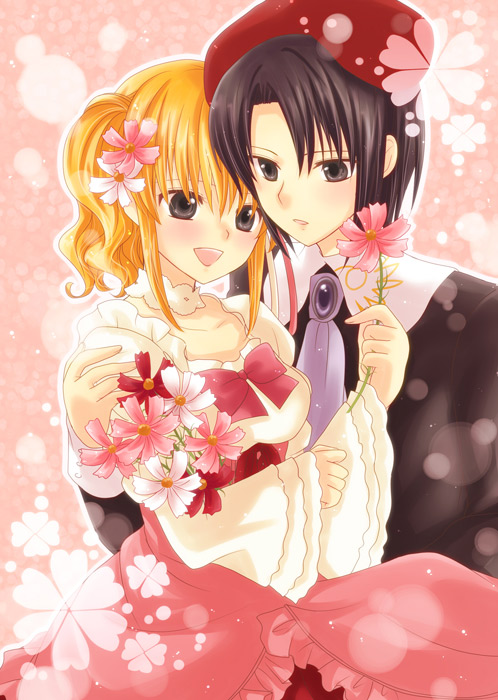 maekawa suu, kanon (umineko), ushiromiya jessica, umineko no naku koro ni, 00s, 1boy, 1girl, black hair, blonde hair, couple, dress, flower, hetero, hug, ponytail, ribbon