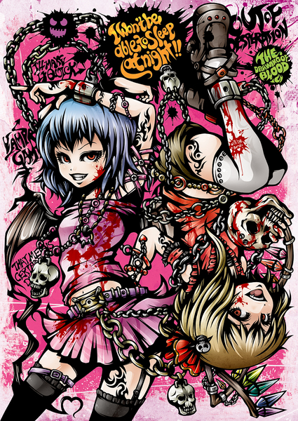 project.c.k., flandre scarlet, remilia scarlet, touhou, resized, 2girls, bat wings, blonde hair, blue hair, chain, multiple girls, pixiv thumbnail, red eyes, short hair, skull, thighhighs, wings