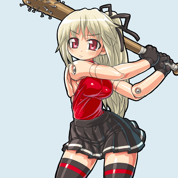 dd (ijigendd), arnval, busou shinki, bad id, bad pixiv id, 10s, 1girl, alternate costume, baseball bat, breasts, doll joints, female focus, gloves, hair ribbon, hip focus, joints, nail (hardware), nail bat, ponytail, red eyes, ribbon, simple background, skirt, sleeveless, solo, thighhighs, weapon, white hair, wide hips, zettai ryouiki