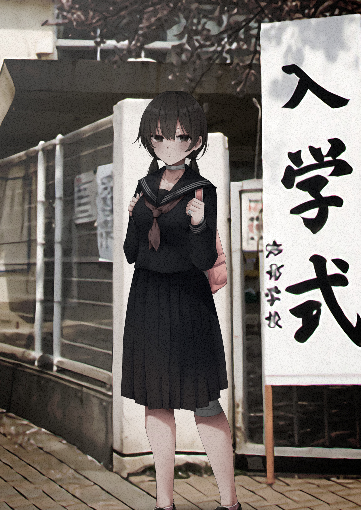 ryouma (galley), konata (kankin jk), mishiranu joshikousei ni kankin sareta mangaka no hanashi, commentary request, highres, 1girl, backpack, bag, bandaged leg, bandages, black eyes, black hair, black serafuku, black skirt, entrance ceremony, feet out of frame, film grain, long hair, looking at viewer, neckerchief, outdoors, pleated skirt, red neckerchief, school bag, school uniform, serafuku, sign, skirt, standing, twintails